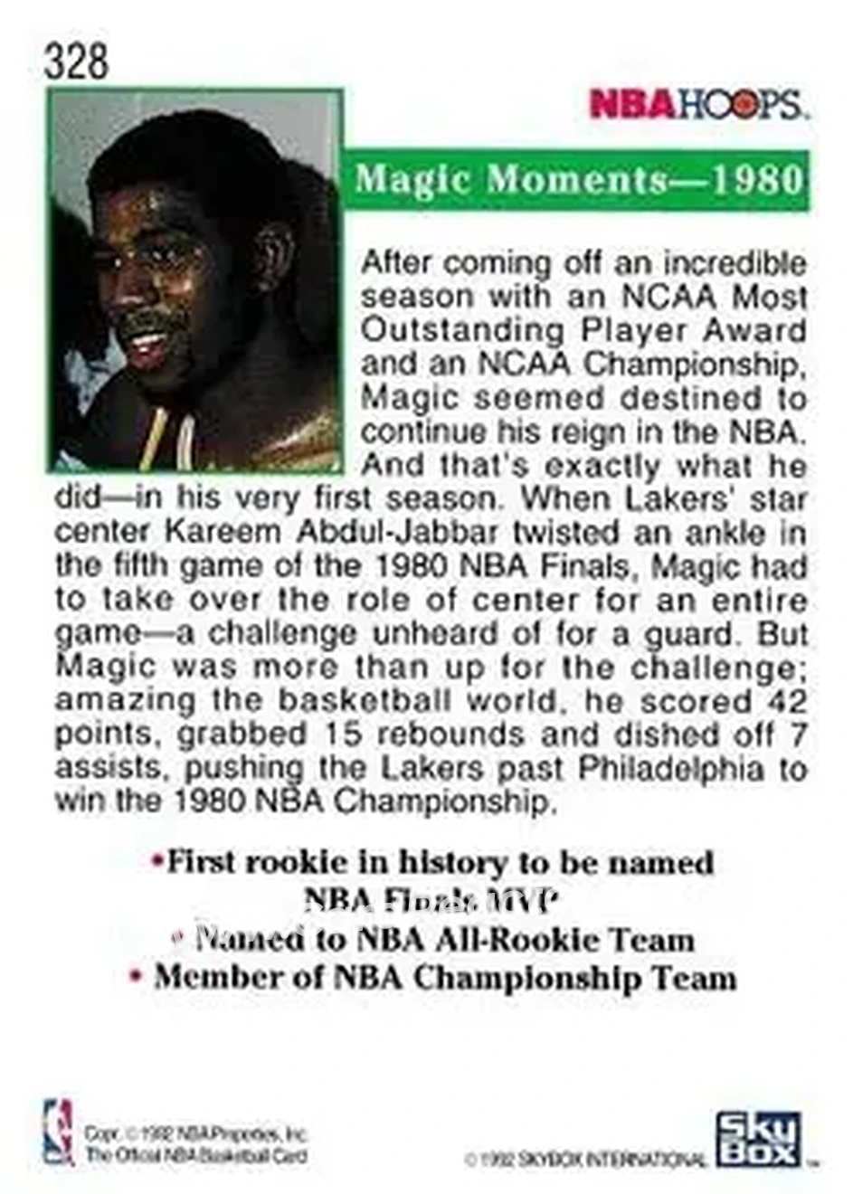 1992-93 Hoops #328 - Magic Johnson - Los Angeles Lakers - Back
