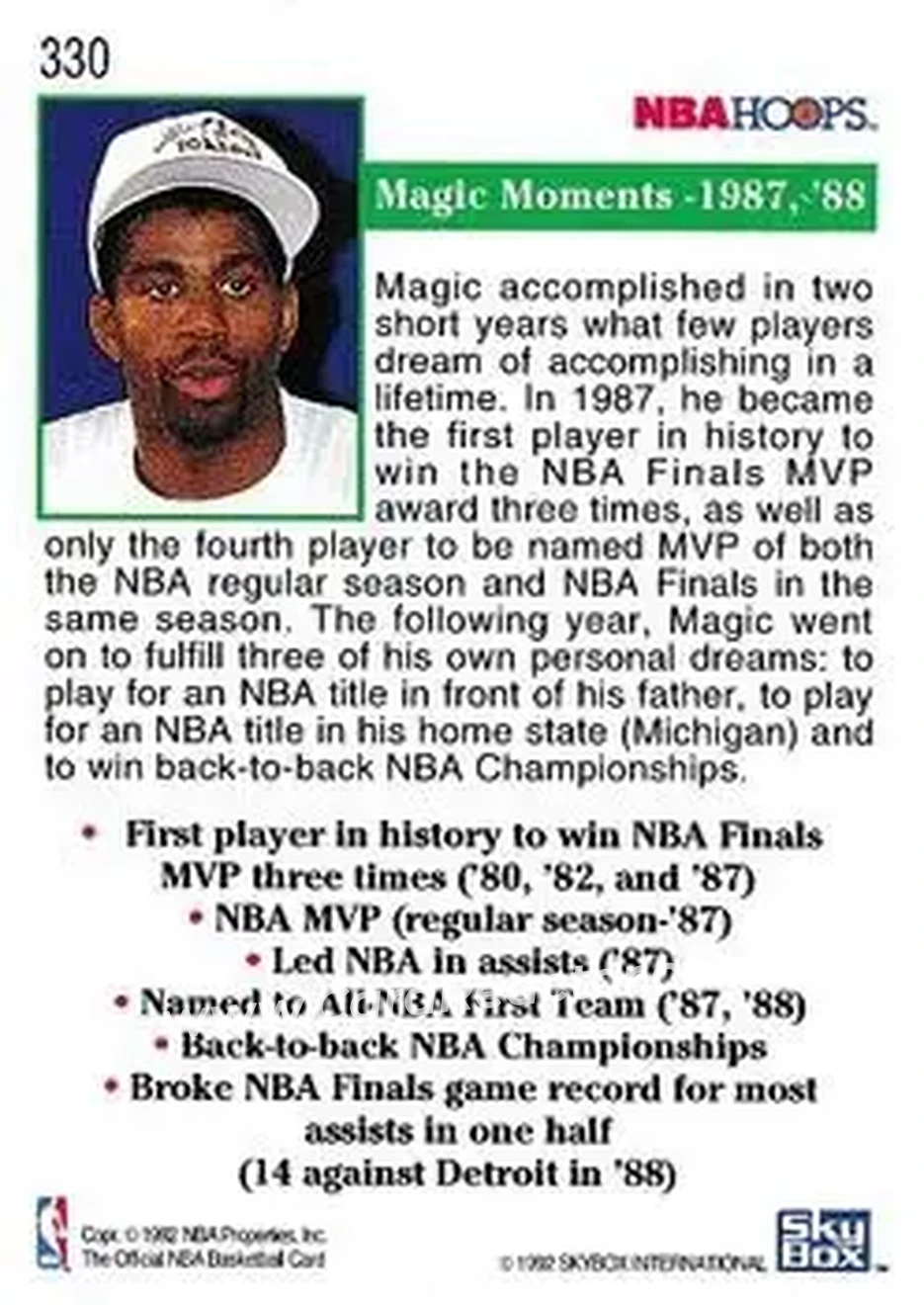 1992-93 Hoops #330 - Magic Johnson - Los Angeles Lakers - Back
