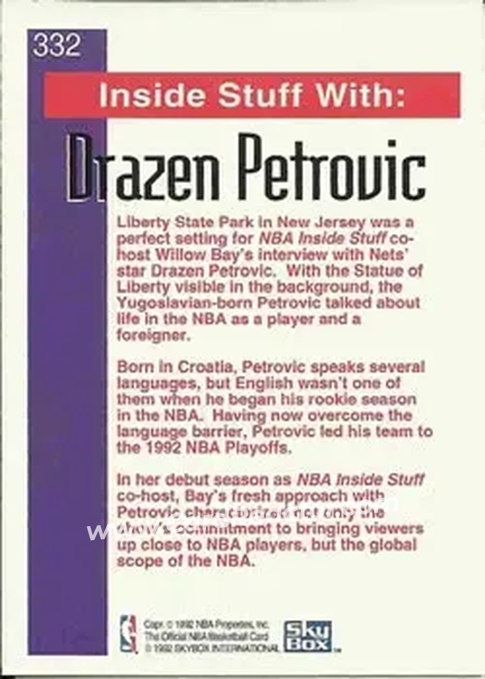 1992-93 Hoops #332 - Dražen Petrović - New Jersey Nets - Back