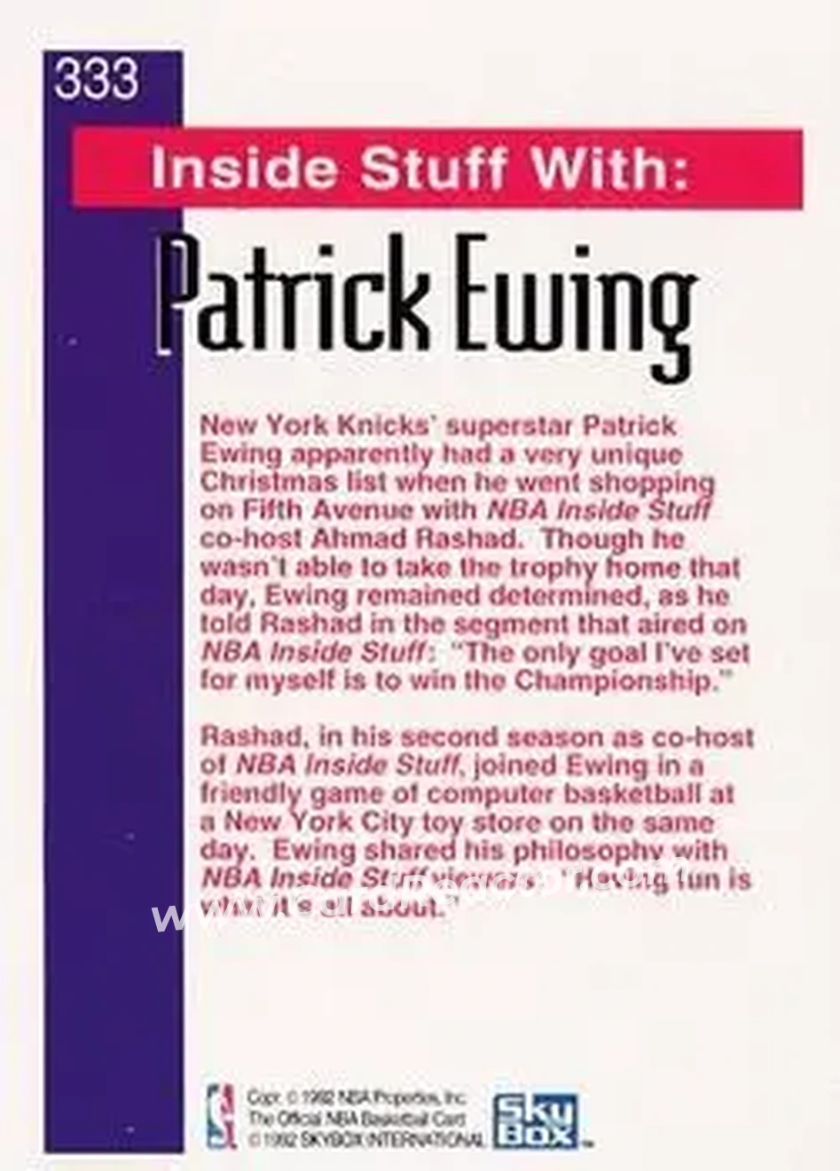1992-93 Hoops #333 - Patrick Ewing - New York Knicks - Back