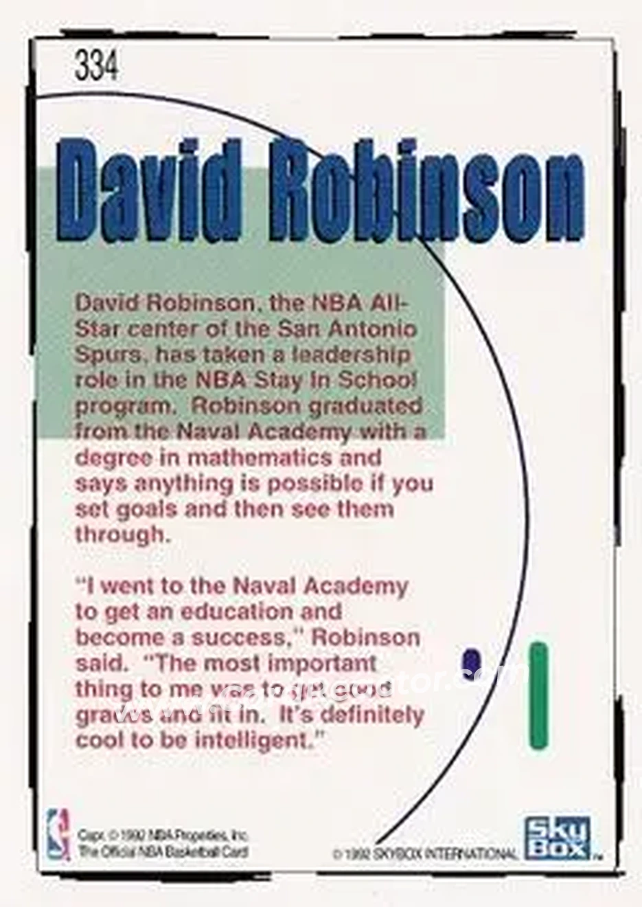 1992-93 Hoops #334 - David Robinson - San Antonio Spurs - Back
