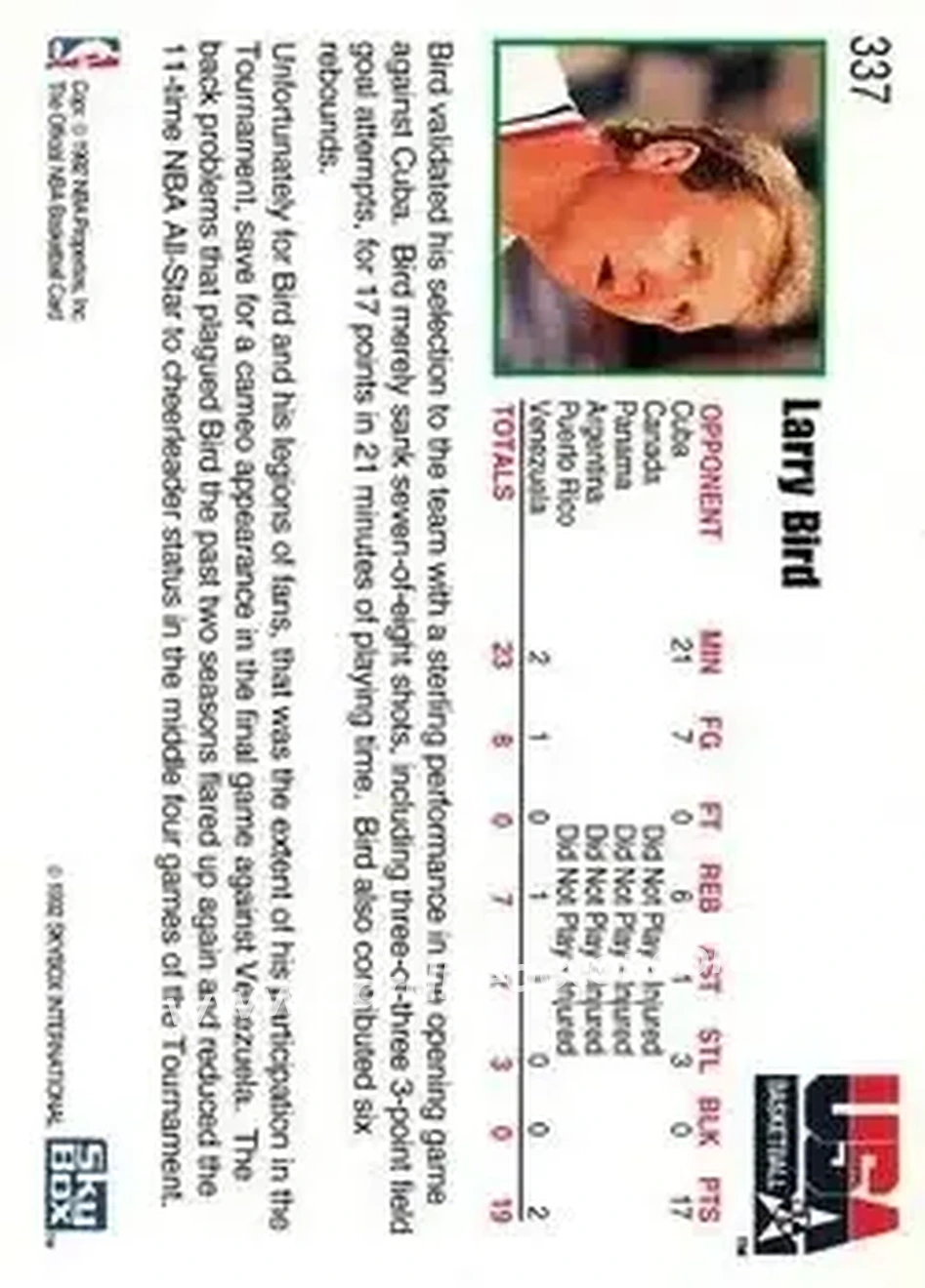 1992-93 Hoops #337 - Larry Bird - USA - Back