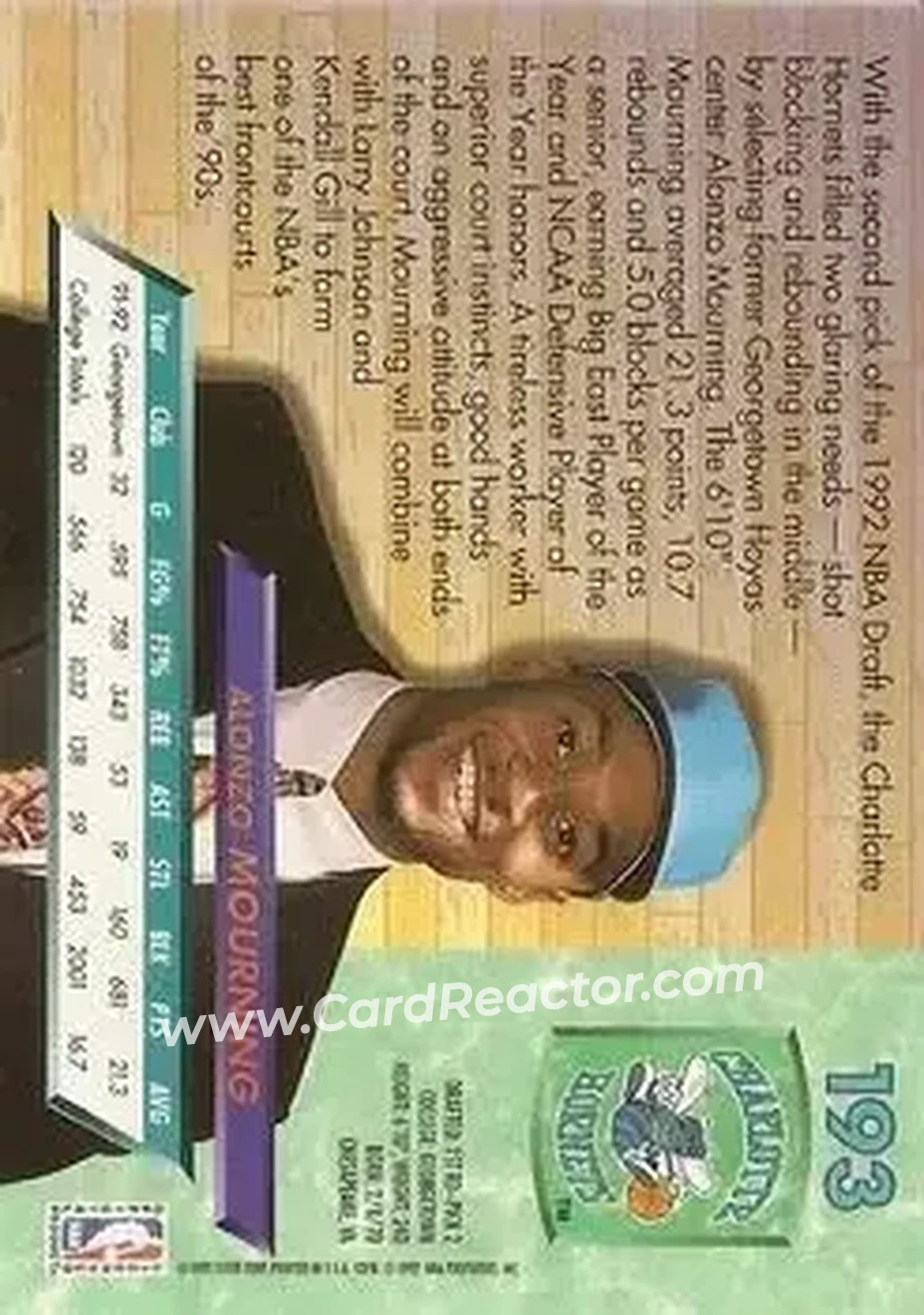 1992-93 Ultra #193 - Alonzo Mourning - Charlotte Hornets - Back 1992-93 Ultra #193 - Alonzo Mourning - Charlotte Hornets - Back