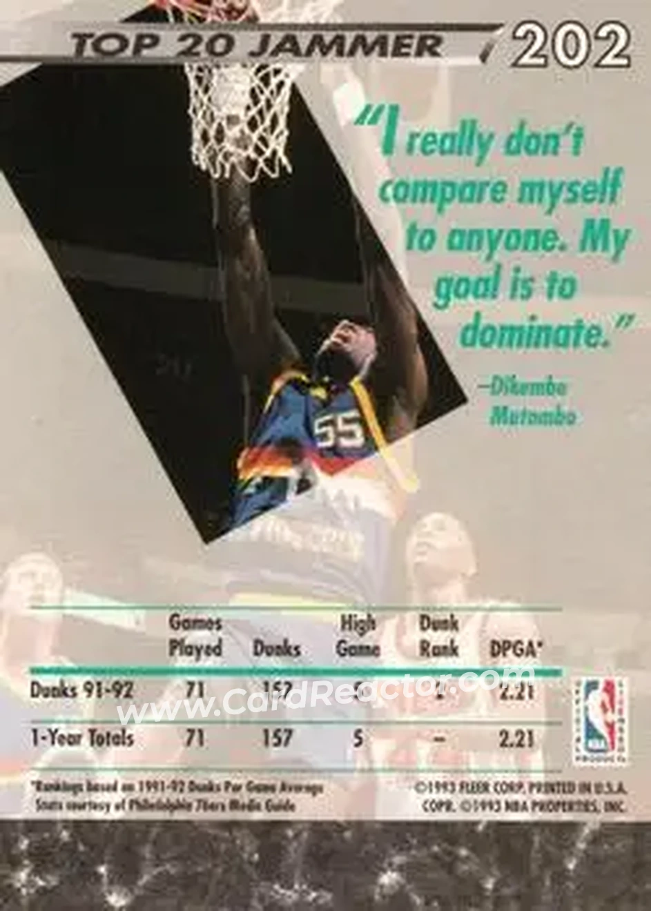 1992-93 Ultra #202 - Dikembe Mutombo - Denver Nuggets - Back