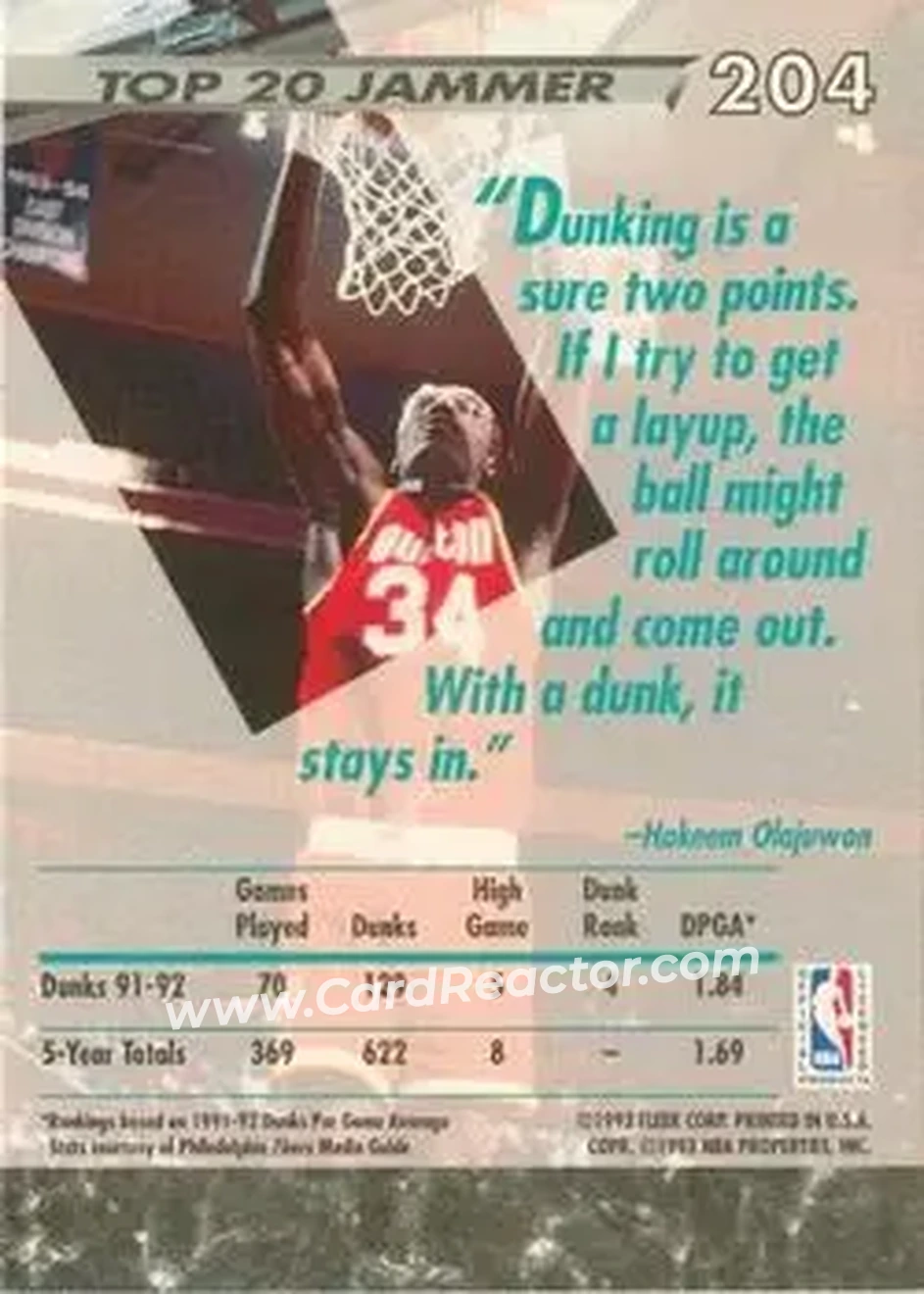 1992-93 Ultra #204 - Hakeem Olajuwon - Houston Rockets - Back