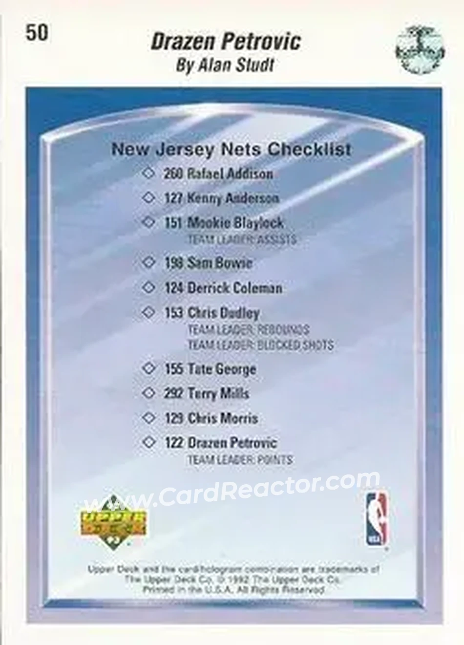 1992-93 Upper Deck #50 - Dražen Petrović - New Jersey Nets - Back