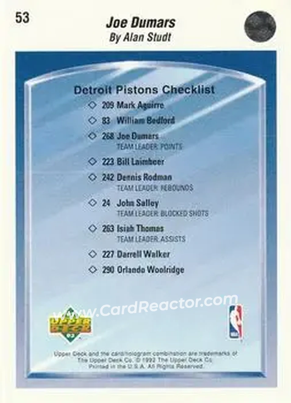 1992-93 Upper Deck #53 - Joe Dumars - Detroit Pistons - Back