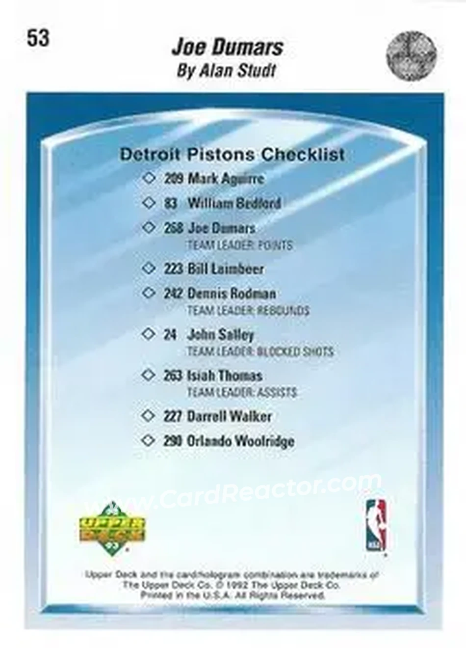1992-93 Upper Deck #53 - Joe Dumars - Detroit Pistons - Back