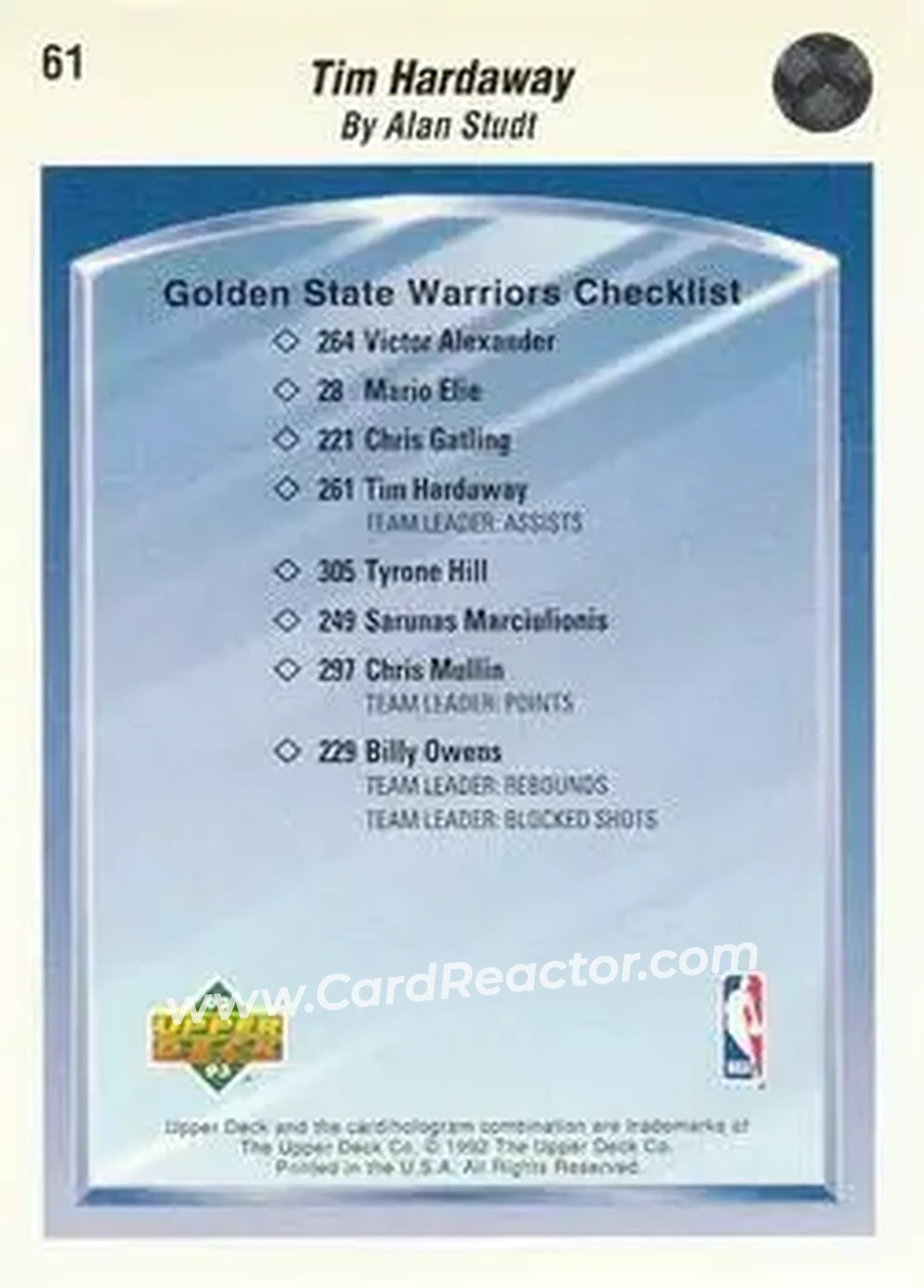 1992-93 Upper Deck #61 - Tim Hardaway - Golden State Warriors - Back