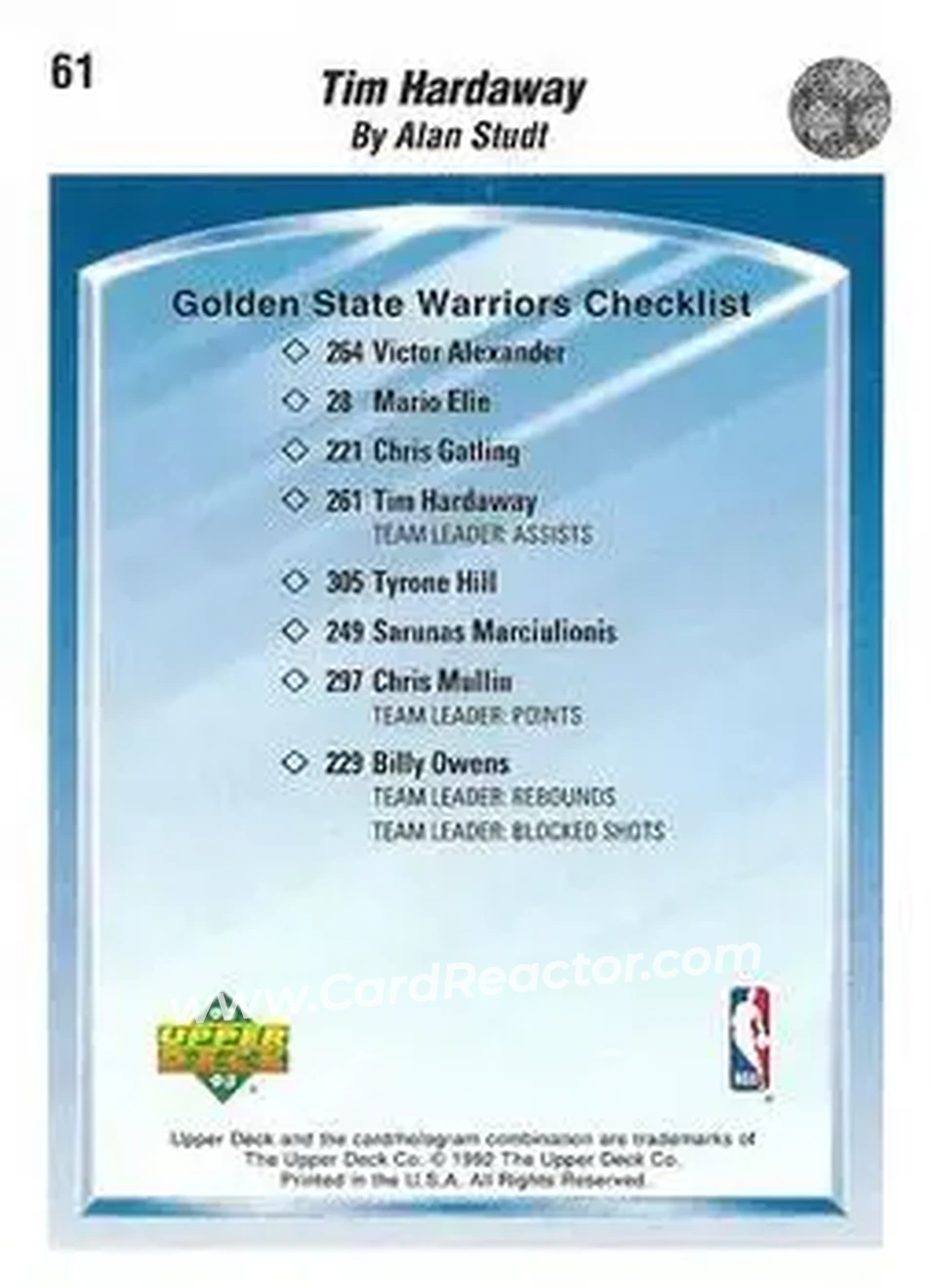 1992-93 Upper Deck #61 - Tim Hardaway - Golden State Warriors - Back