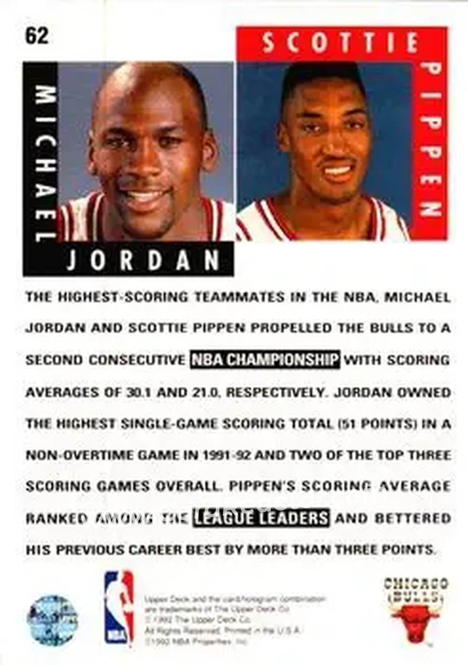 1992-93 Upper Deck #62 - Card #62 - Chicago Bulls - Back