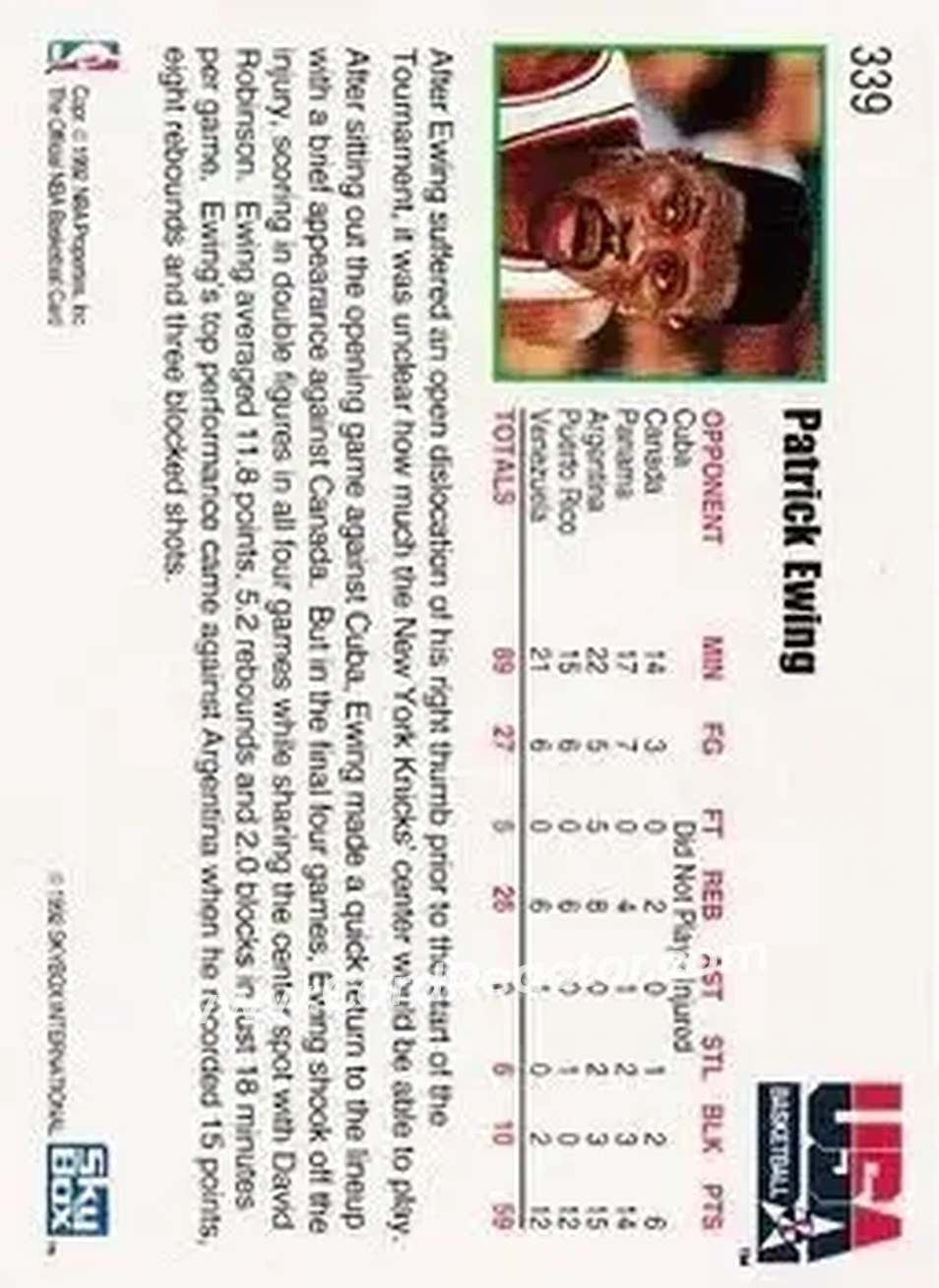 1992-93 Hoops #339 - Patrick Ewing - USA - Back