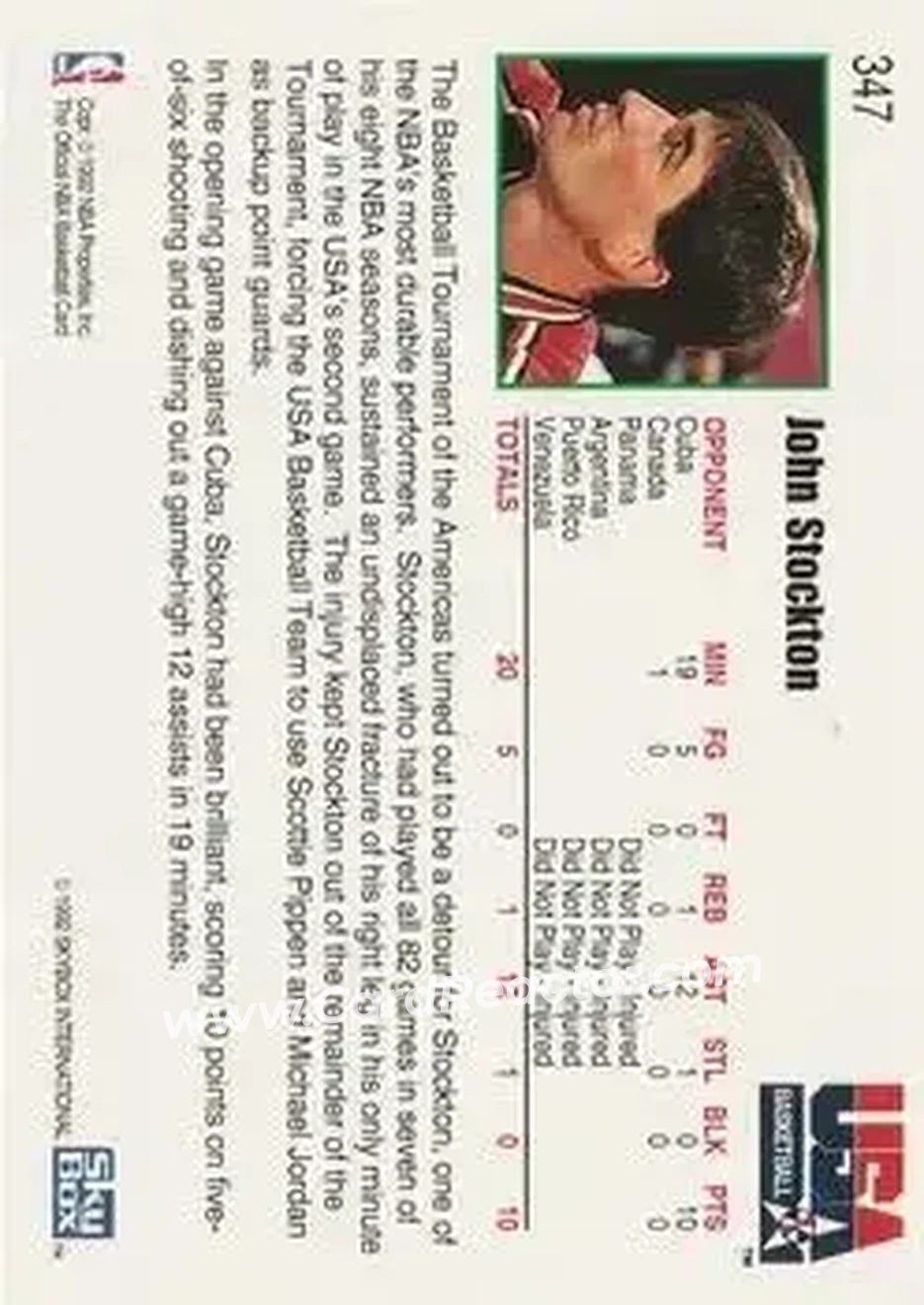1992-93 Hoops #347 - John Stockton - USA - Back