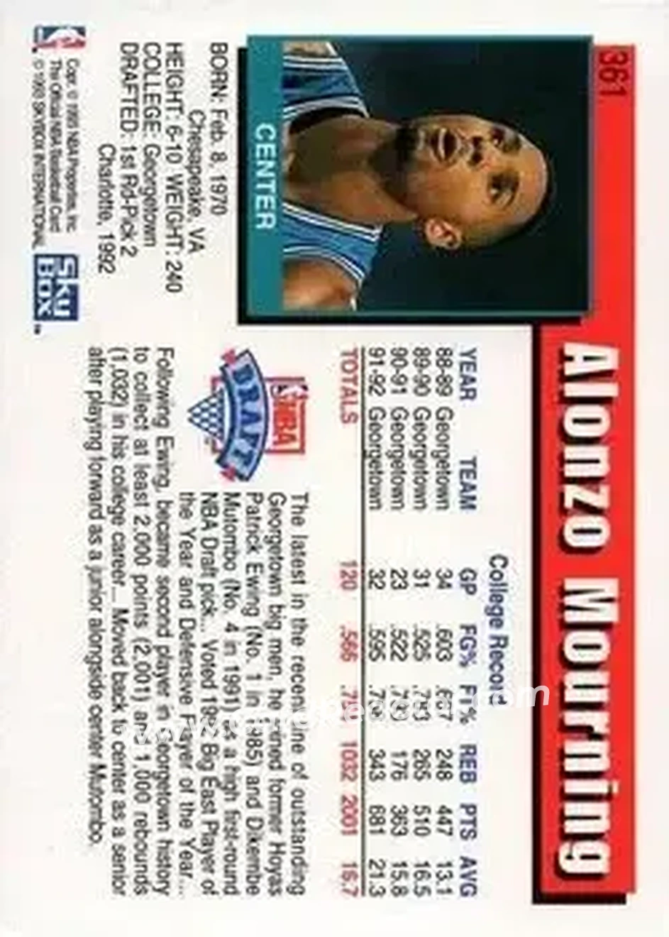 1992-93 Hoops #361 - Alonzo Mourning - Charlotte Hornets - Back 1992-93 Hoops #361 - Alonzo Mourning - Charlotte Hornets - Back