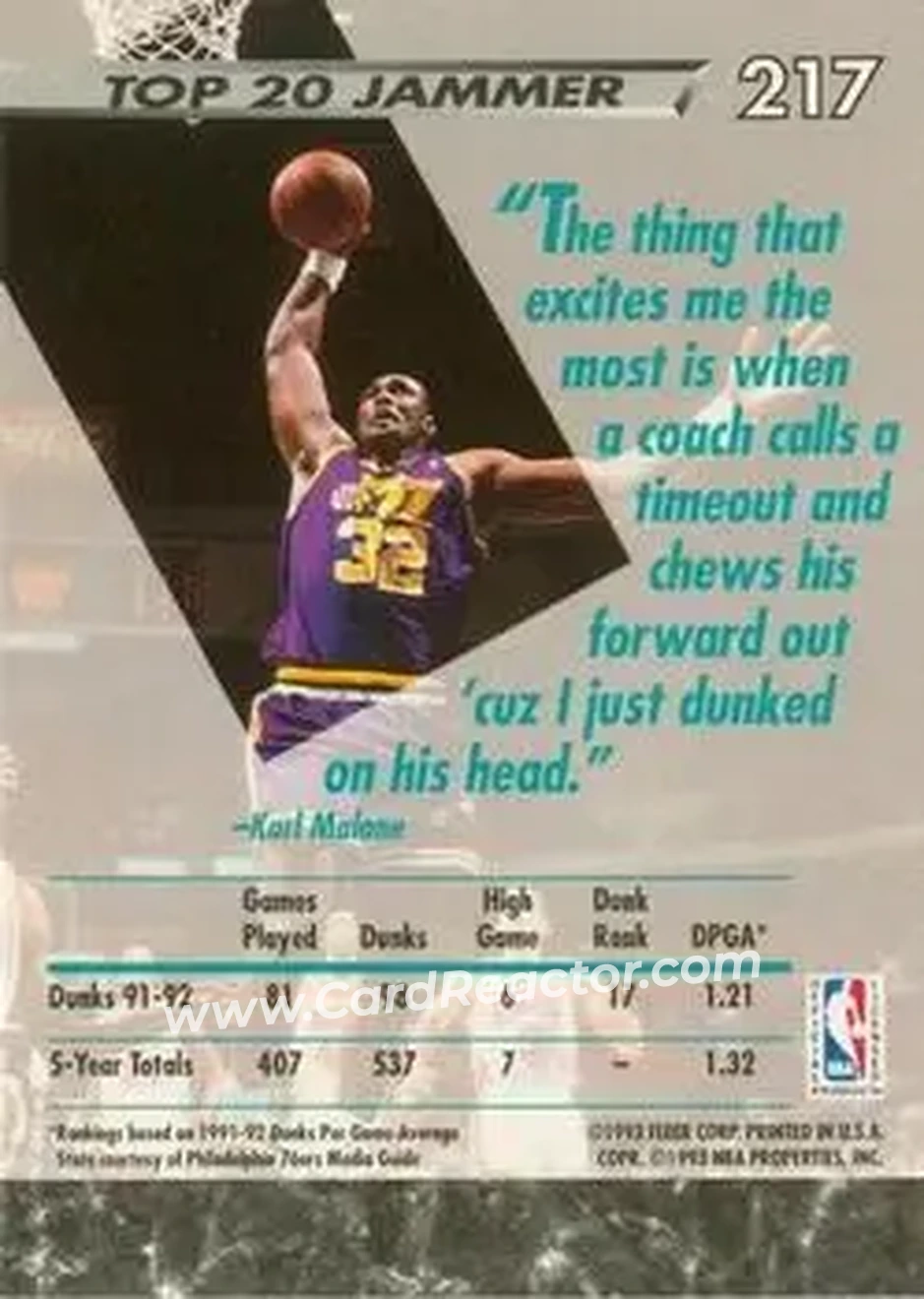 1992-93 Ultra #217 - Karl Malone - Utah Jazz - Back 1992-93 Ultra #217 - Karl Malone - Utah Jazz - Back