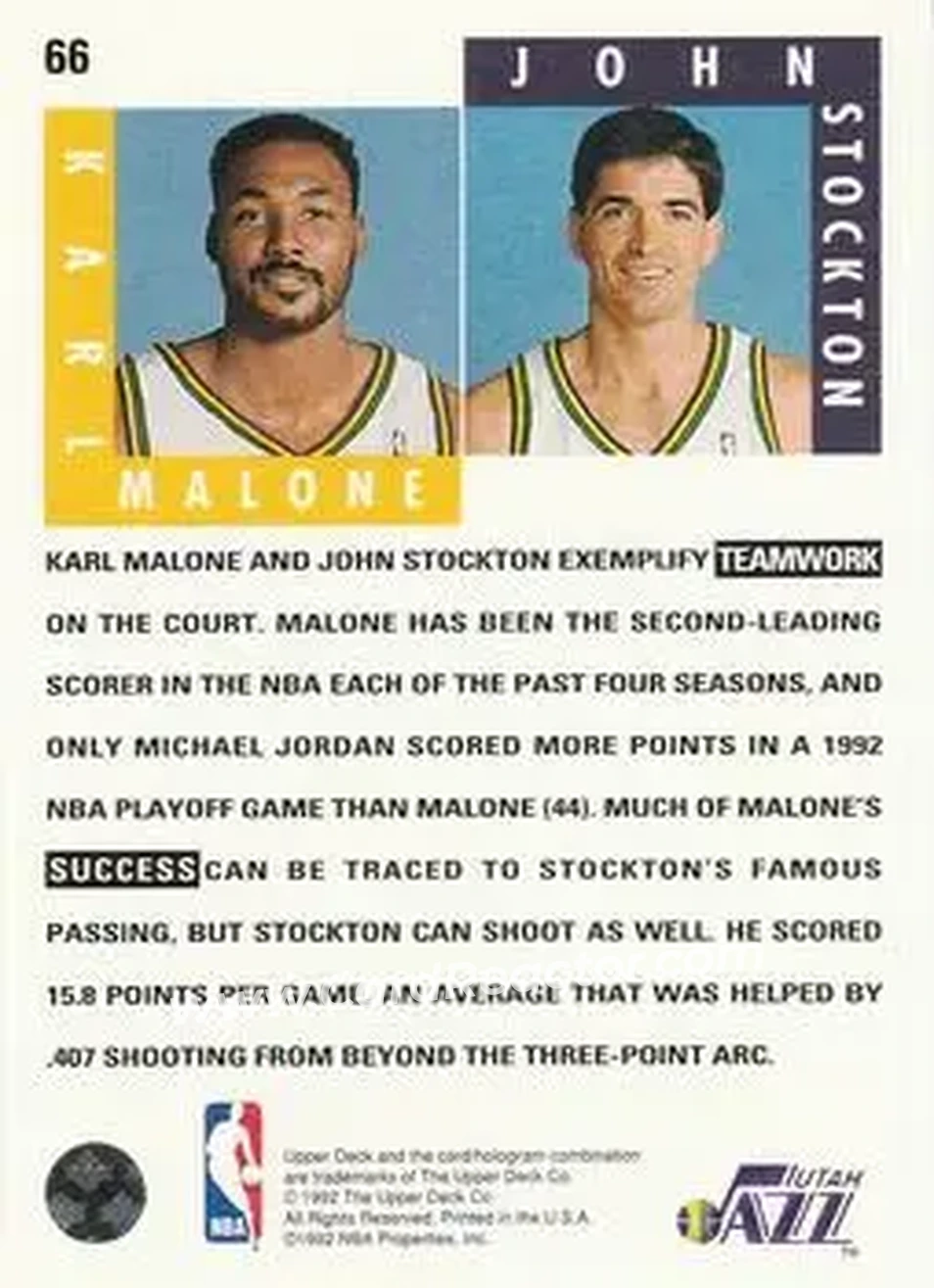 1992-93 Upper Deck #66 - Card #66 - Utah Jazz - Back