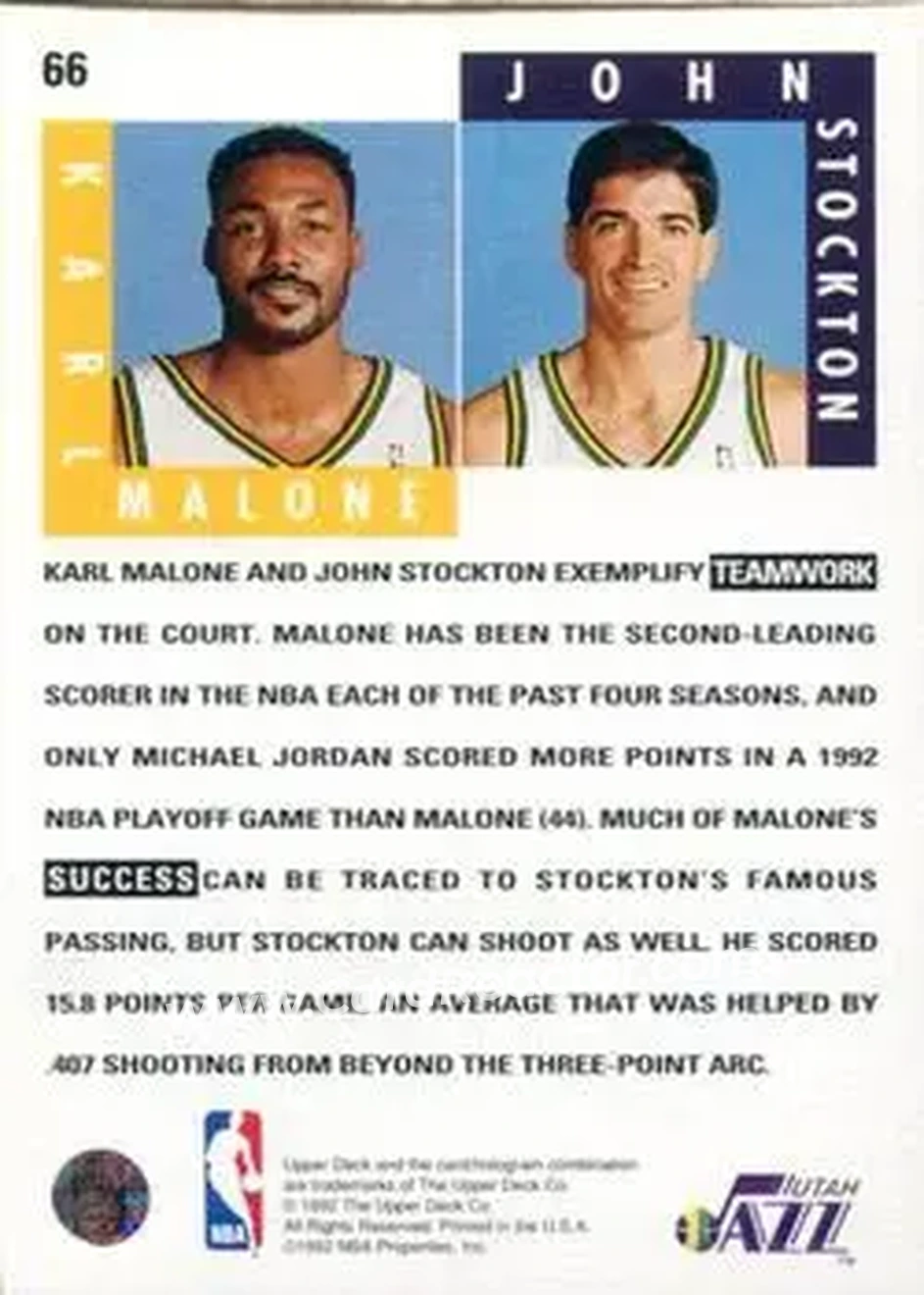 1992-93 Upper Deck #66 - Card #66 - Utah Jazz - Back