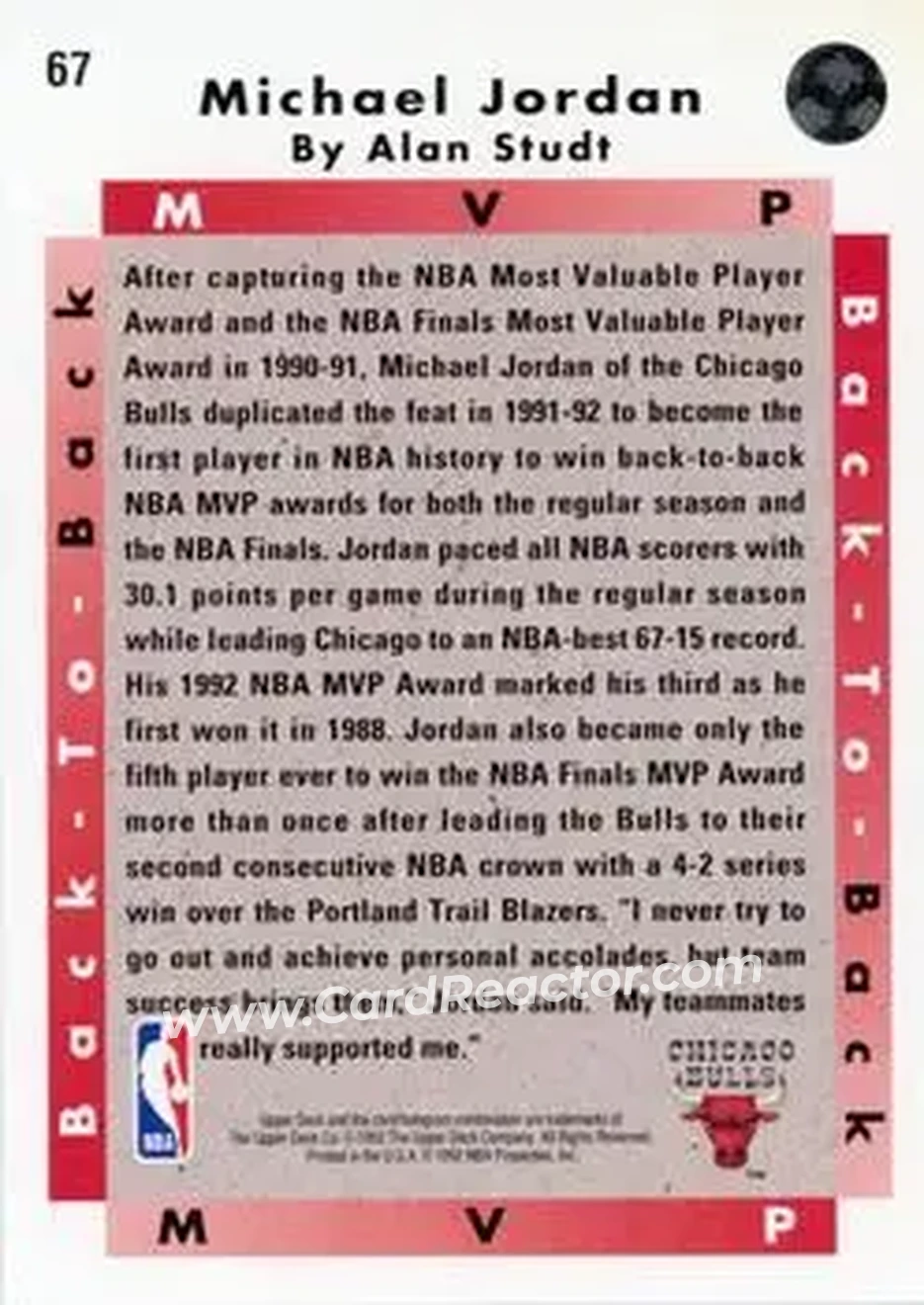1992-93 Upper Deck #67 - Michael Jordan - Chicago Bulls - Back