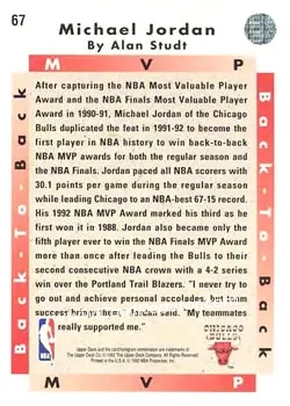 1992-93 Upper Deck #67 - Michael Jordan - Chicago Bulls - Back