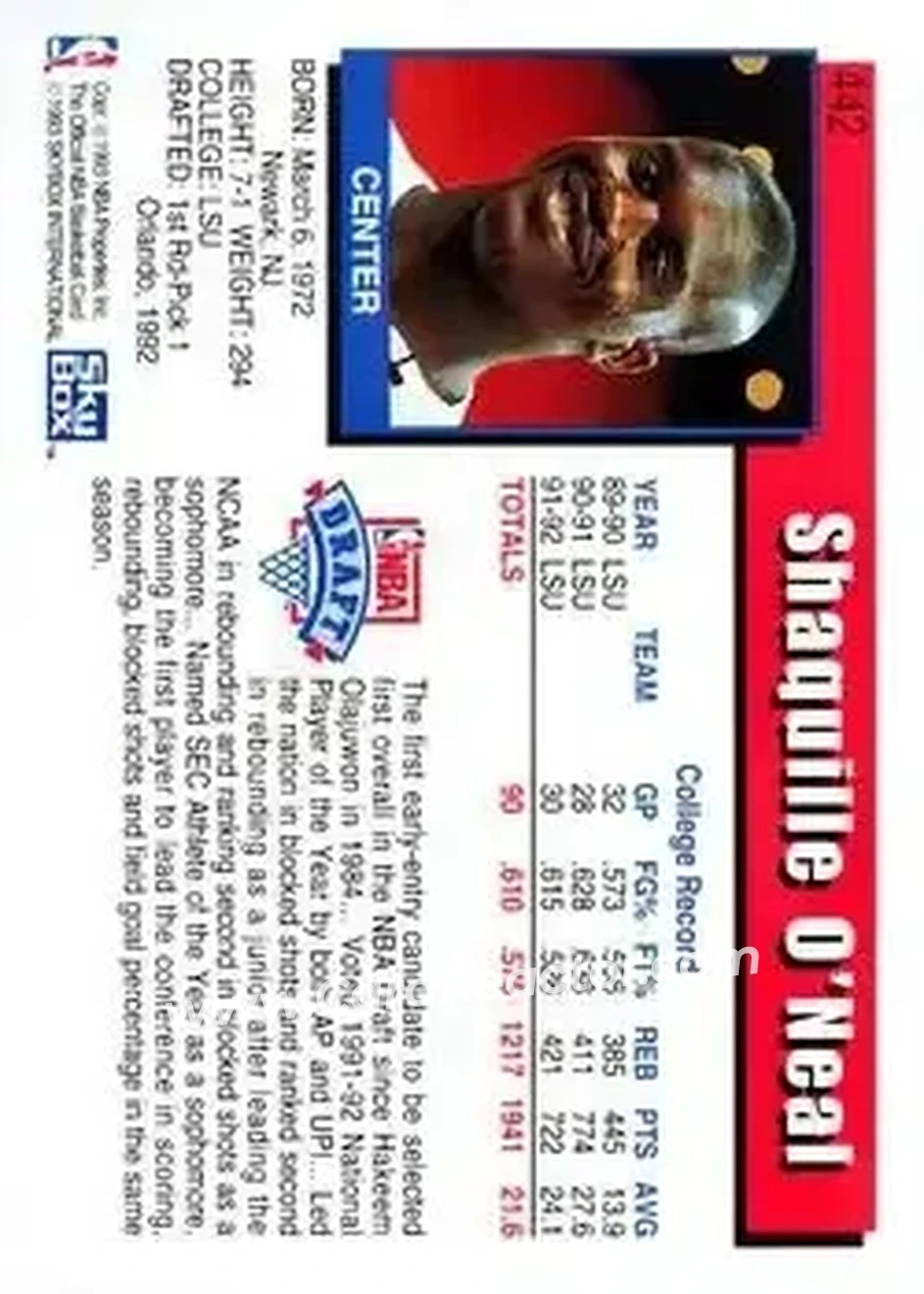 1992-93 Hoops #442 - Shaquille O'Neal - Orlando Magic - Back 1992-93 Hoops #442 - Shaquille O'Neal - Orlando Magic - Back