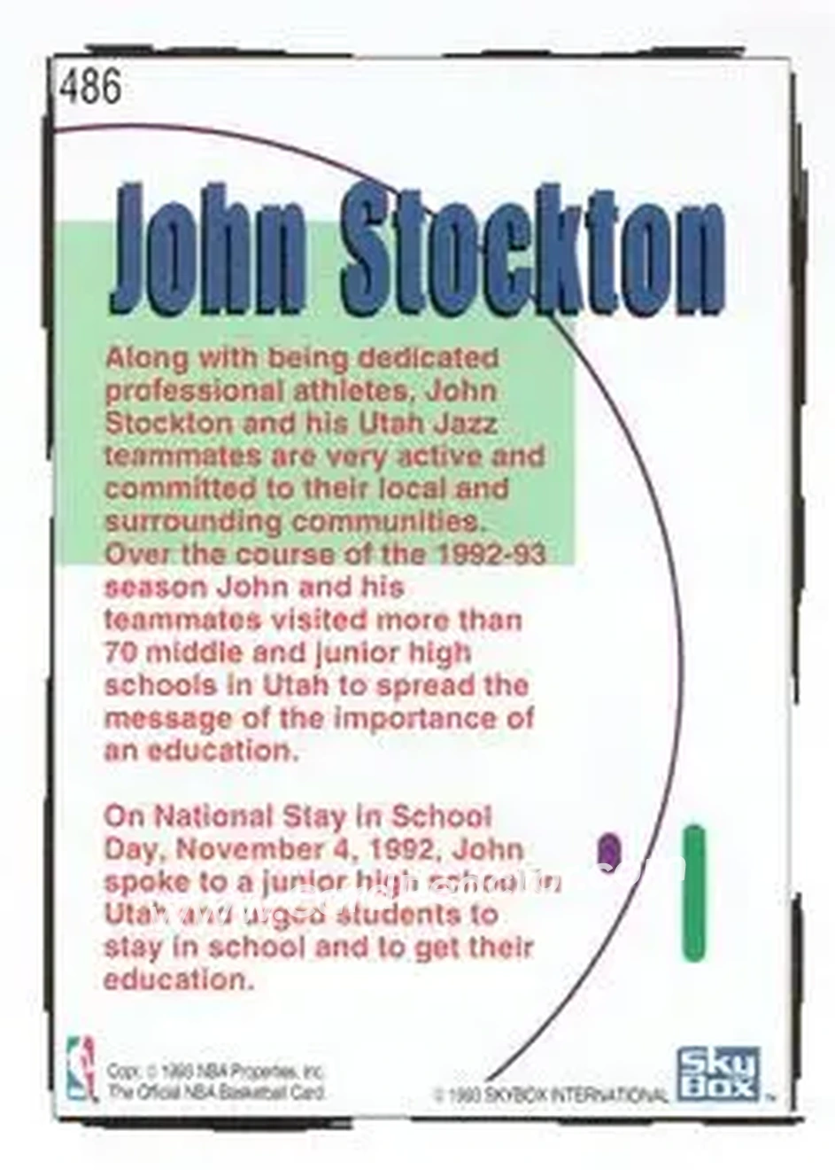 1992-93 Hoops #486 - John Stockton - Utah Jazz - Back