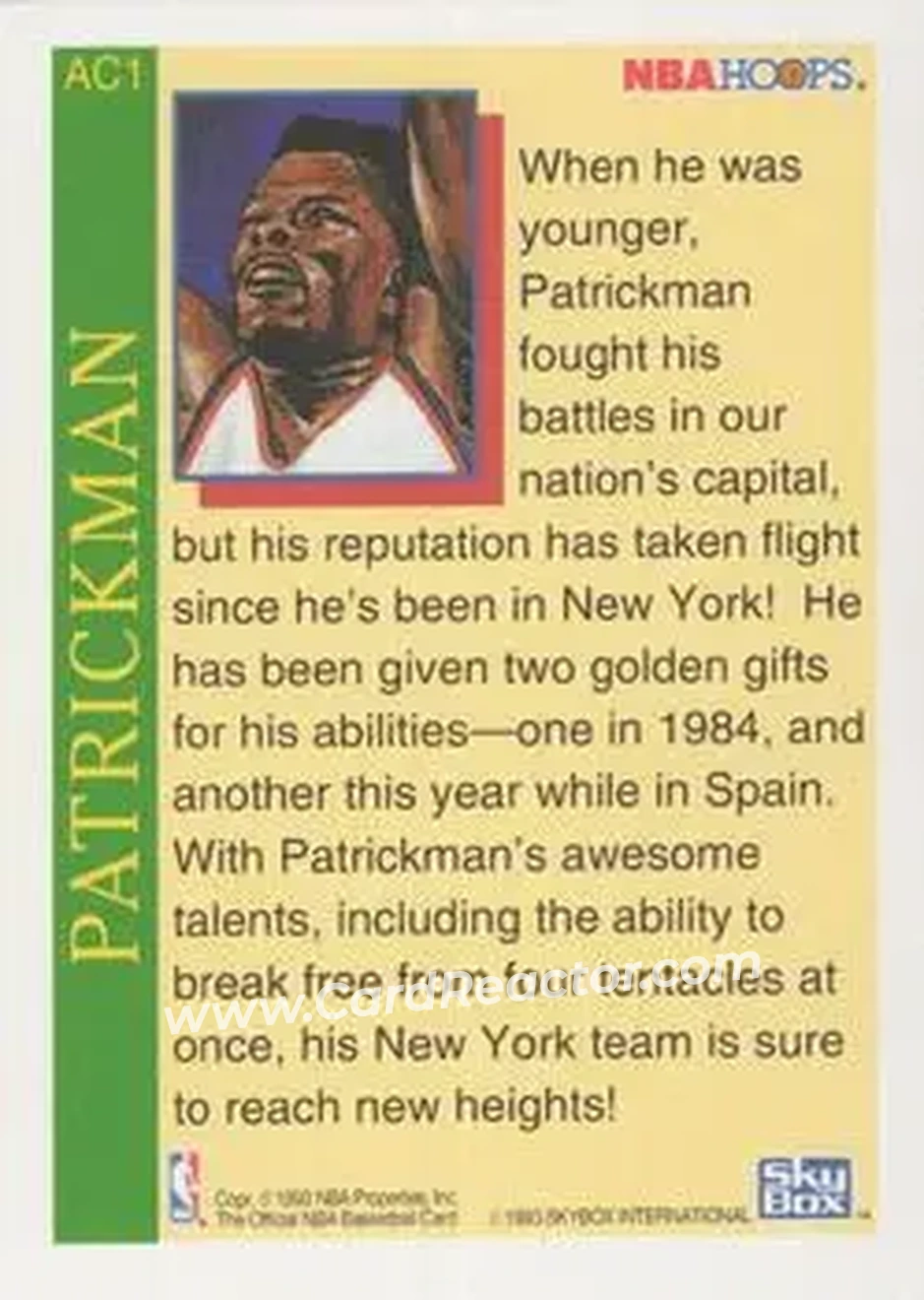 1992-93 Hoops - Single Inserts #AC1 - Patrick Ewing - New York Knicks - Back