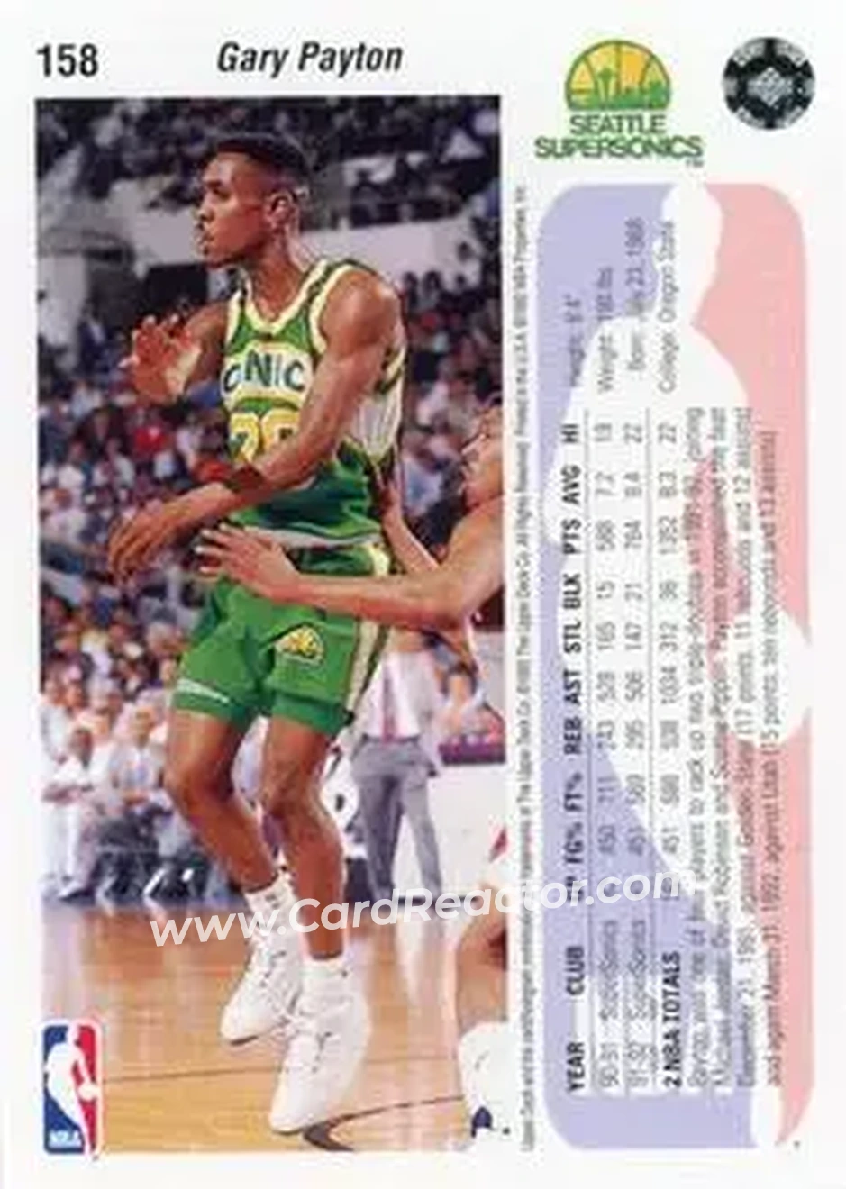 1992-93 Upper Deck #158 - Gary Payton - Seattle SuperSonics - Back
