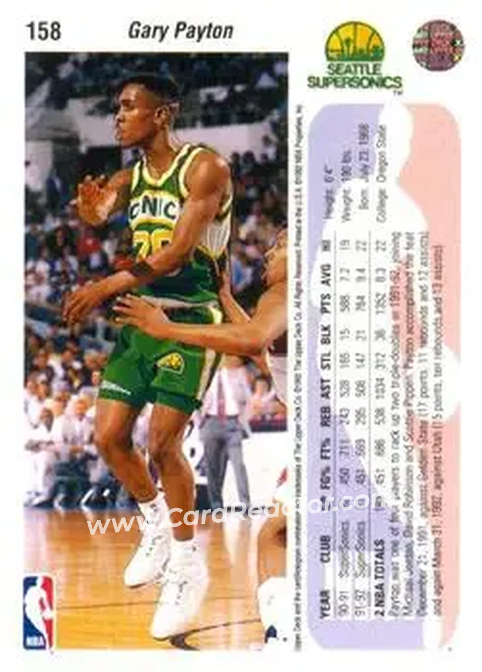 1992-93 Upper Deck #158 - Gary Payton - Seattle SuperSonics - Back