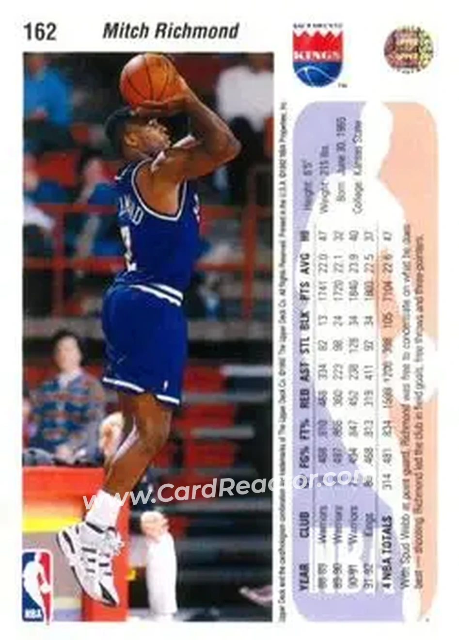 1992-93 Upper Deck #162 - Mitch Richmond - Sacramento Kings - Back