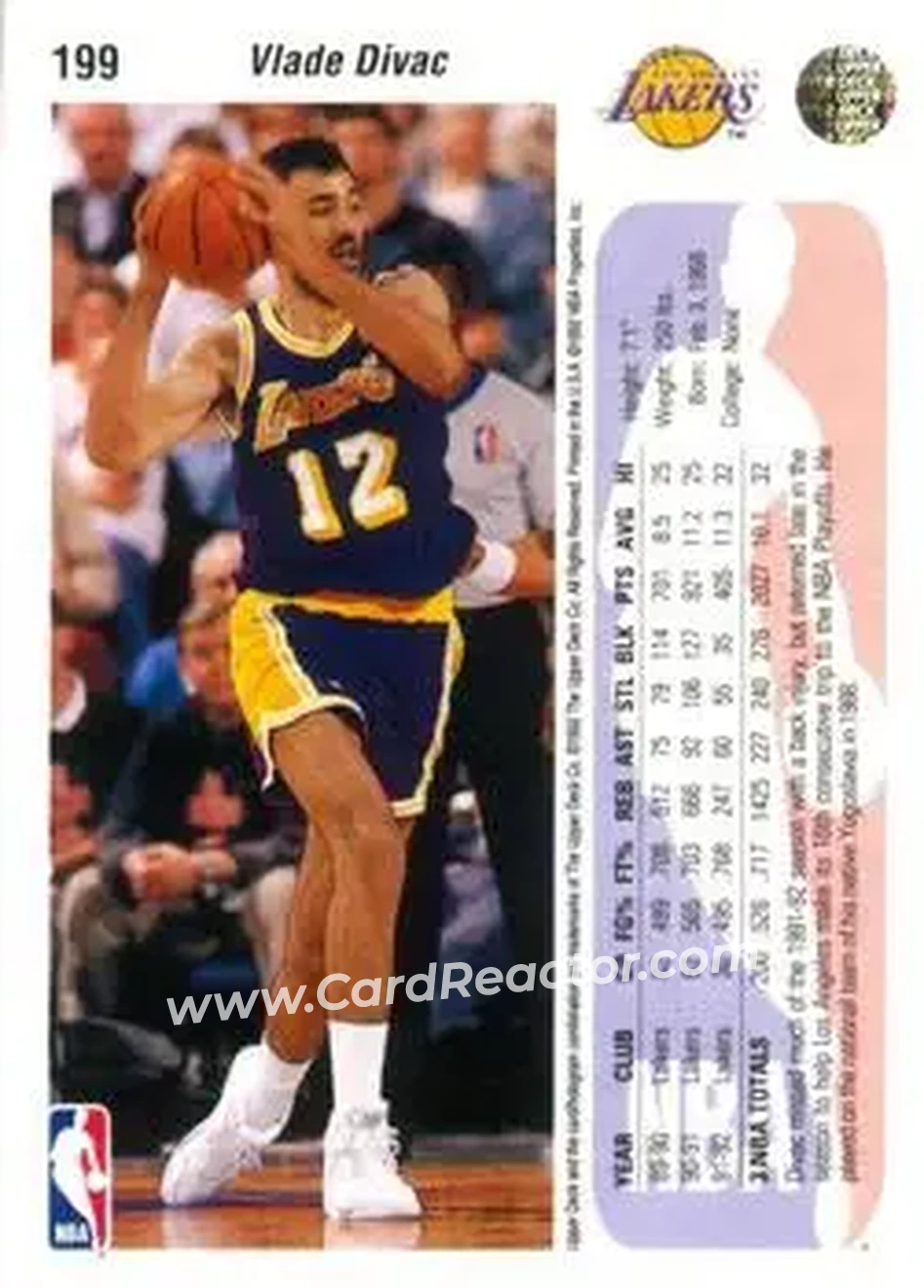 1992-93 Upper Deck #199 - Vlade Divac - Los Angeles Lakers - Back