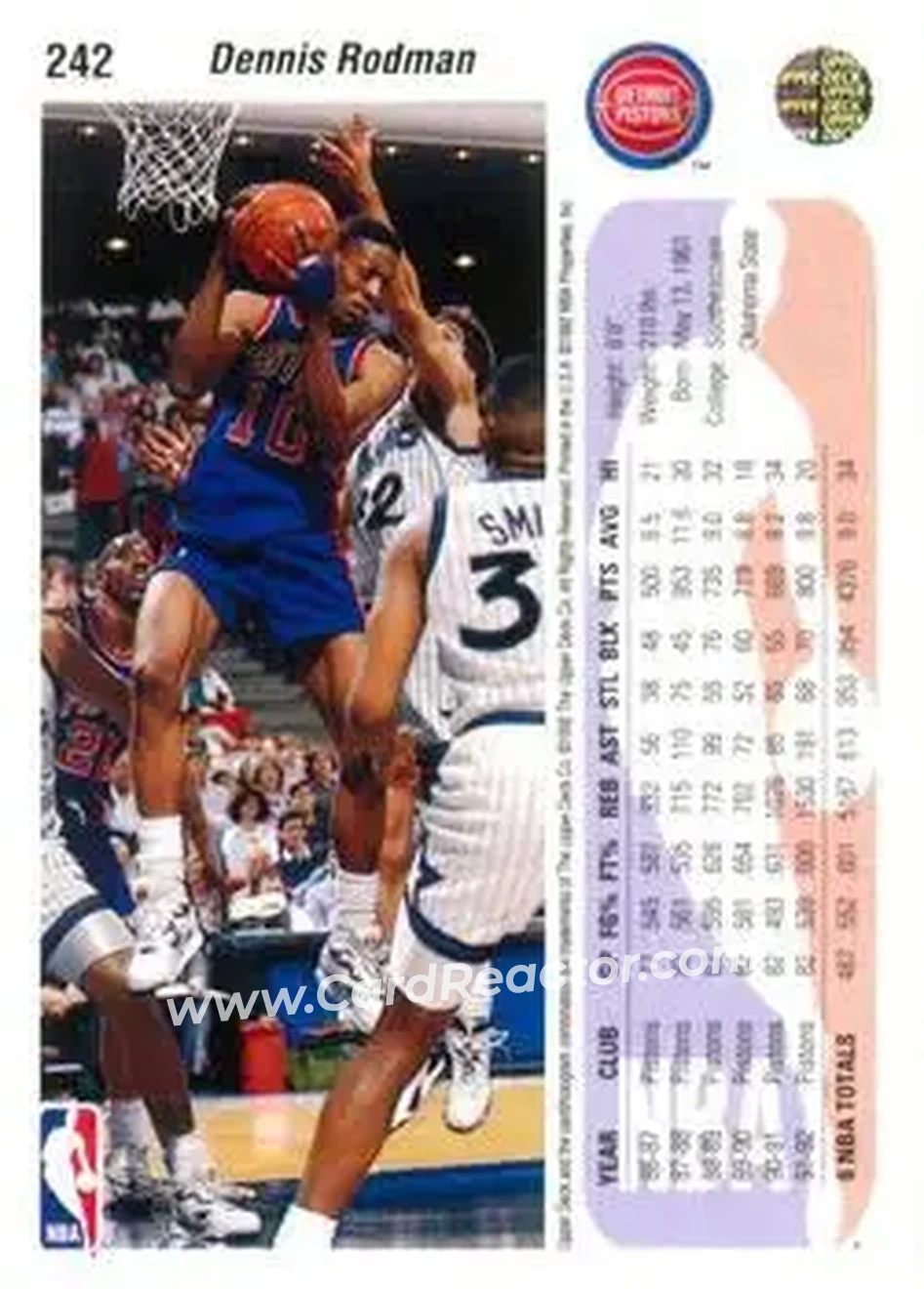 1992-93 Upper Deck #242 - Dennis Rodman - Detroit Pistons - Back