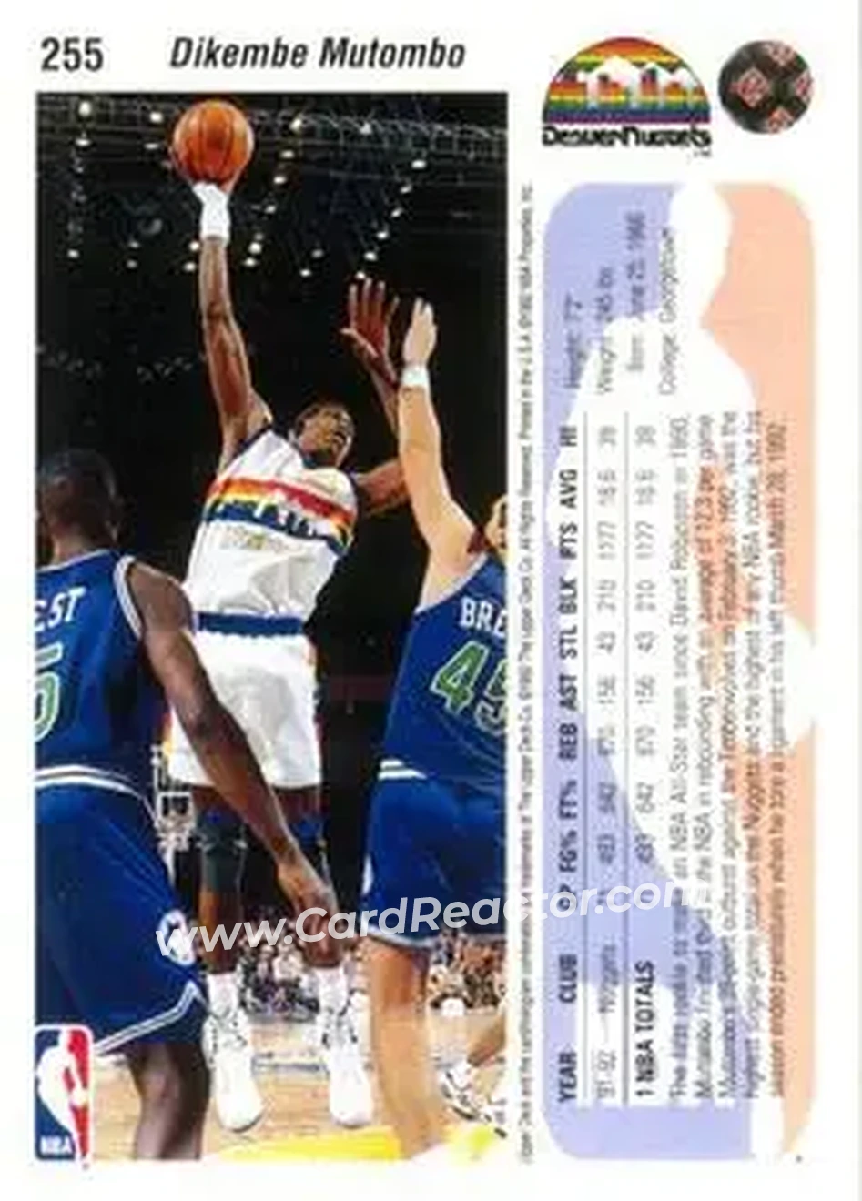 1992-93 Upper Deck #255 - Dikembe Mutombo - Denver Nuggets - Back