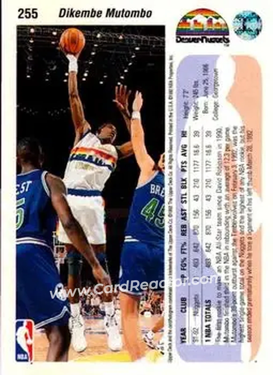1992-93 Upper Deck #255 - Dikembe Mutombo - Denver Nuggets - Back