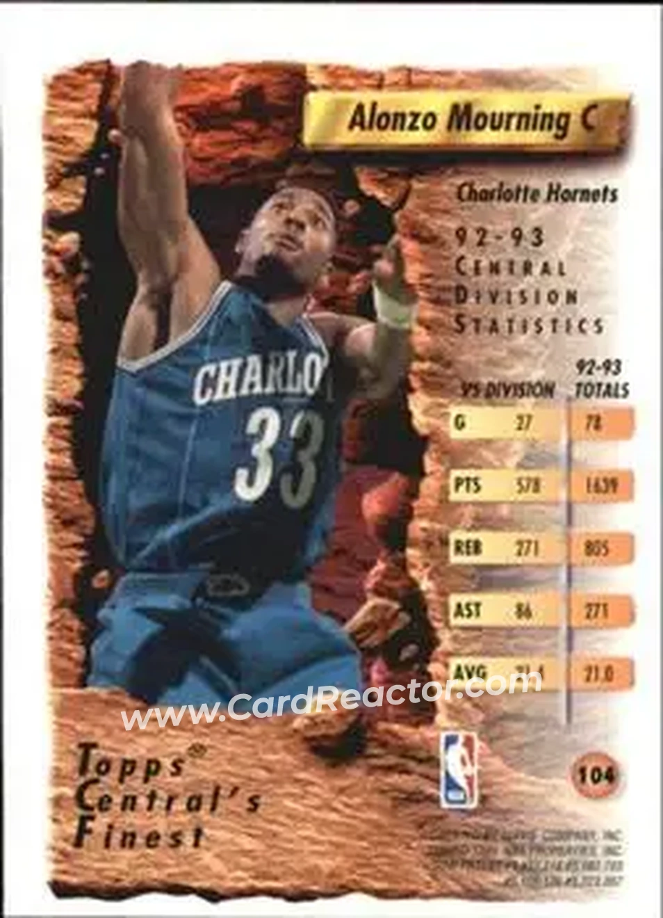 1993-94 Finest #104 - Alonzo Mourning - Charlotte Hornets - Back 1993-94 Finest #104 - Alonzo Mourning - Charlotte Hornets - Back
