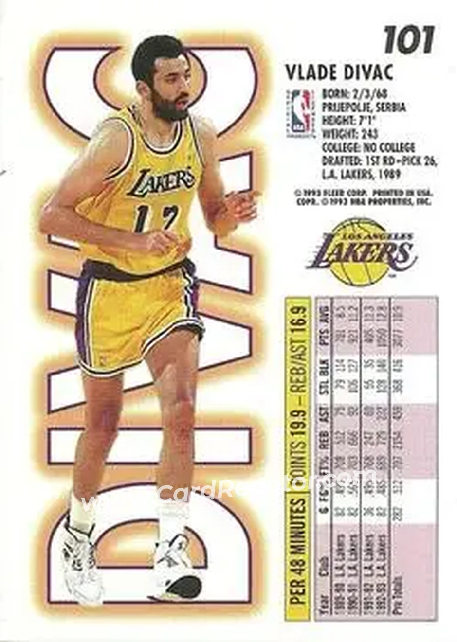 1993-94 Fleer #101 - Vlade Divac - Los Angeles Lakers - Back