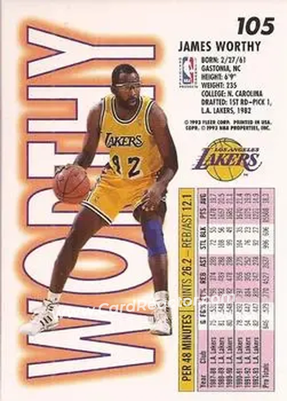 1993-94 Fleer #105 - James Worthy - Los Angeles Lakers - Back 1993-94 Fleer #105 - James Worthy - Los Angeles Lakers - Back