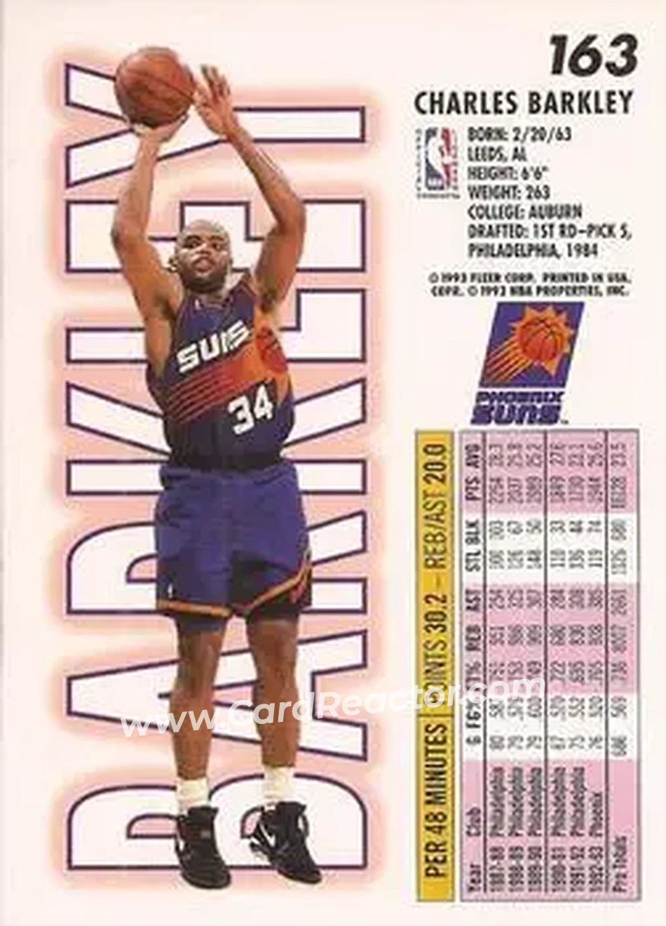 1993-94 Fleer #163 - Charles Barkley - Phoenix Suns - Back 1993-94 Fleer #163 - Charles Barkley - Phoenix Suns - Back