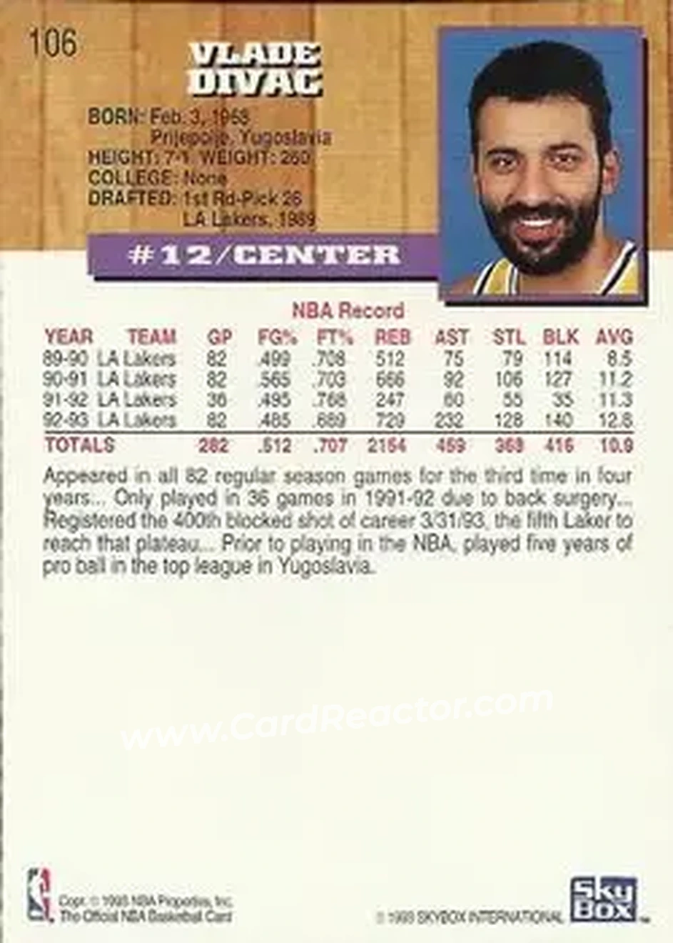 1993-94 Hoops #106 - Vlade Divac - Los Angeles Lakers - Back