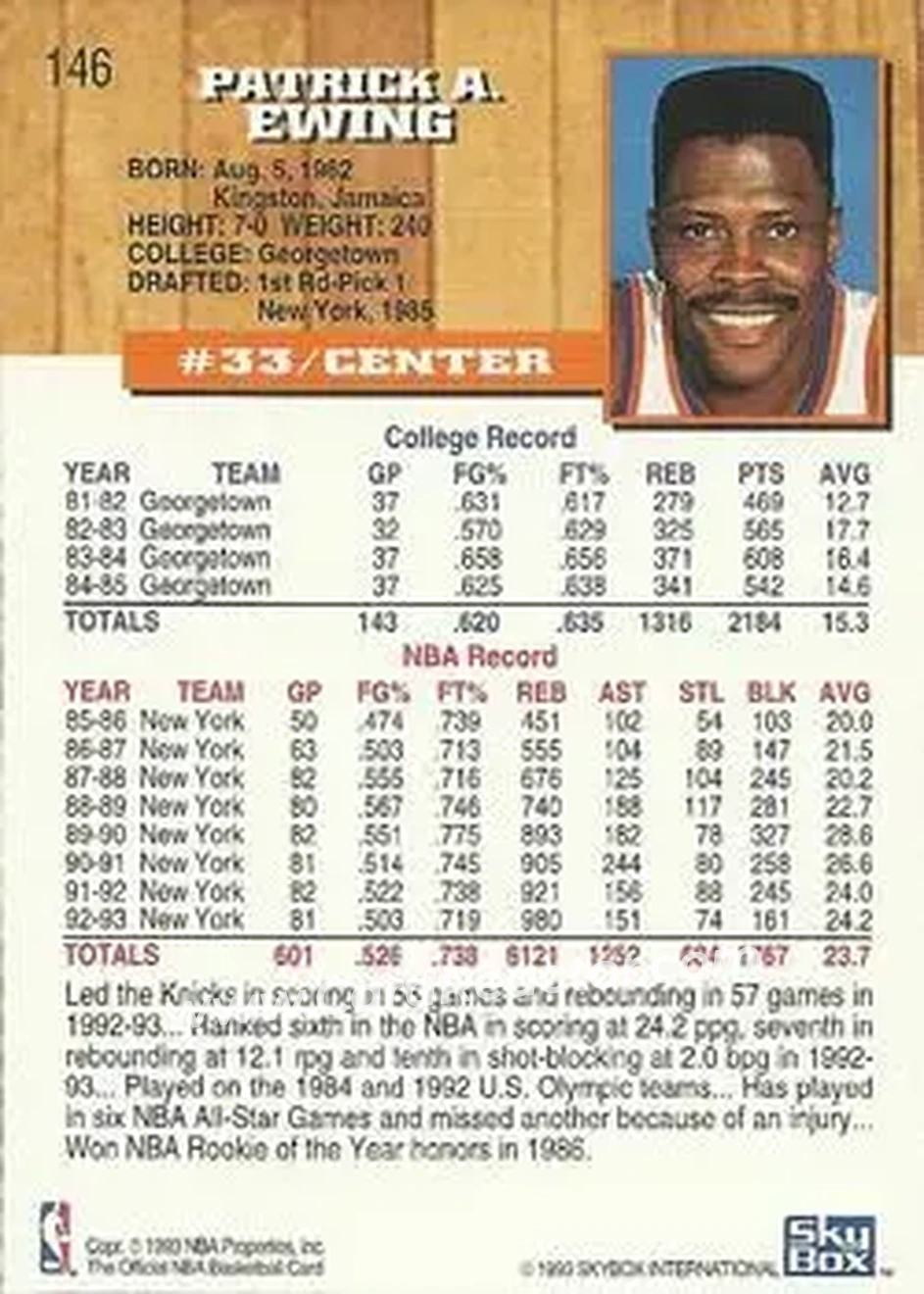 1993-94 Hoops #146 - Patrick Ewing - New York Knicks - Back