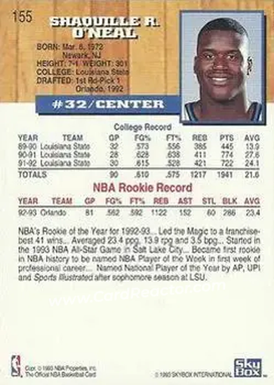 1993-94 Hoops #155 - Shaquille O'Neal - Orlando Magic - Back 1993-94 Hoops #155 - Shaquille O'Neal - Orlando Magic - Back
