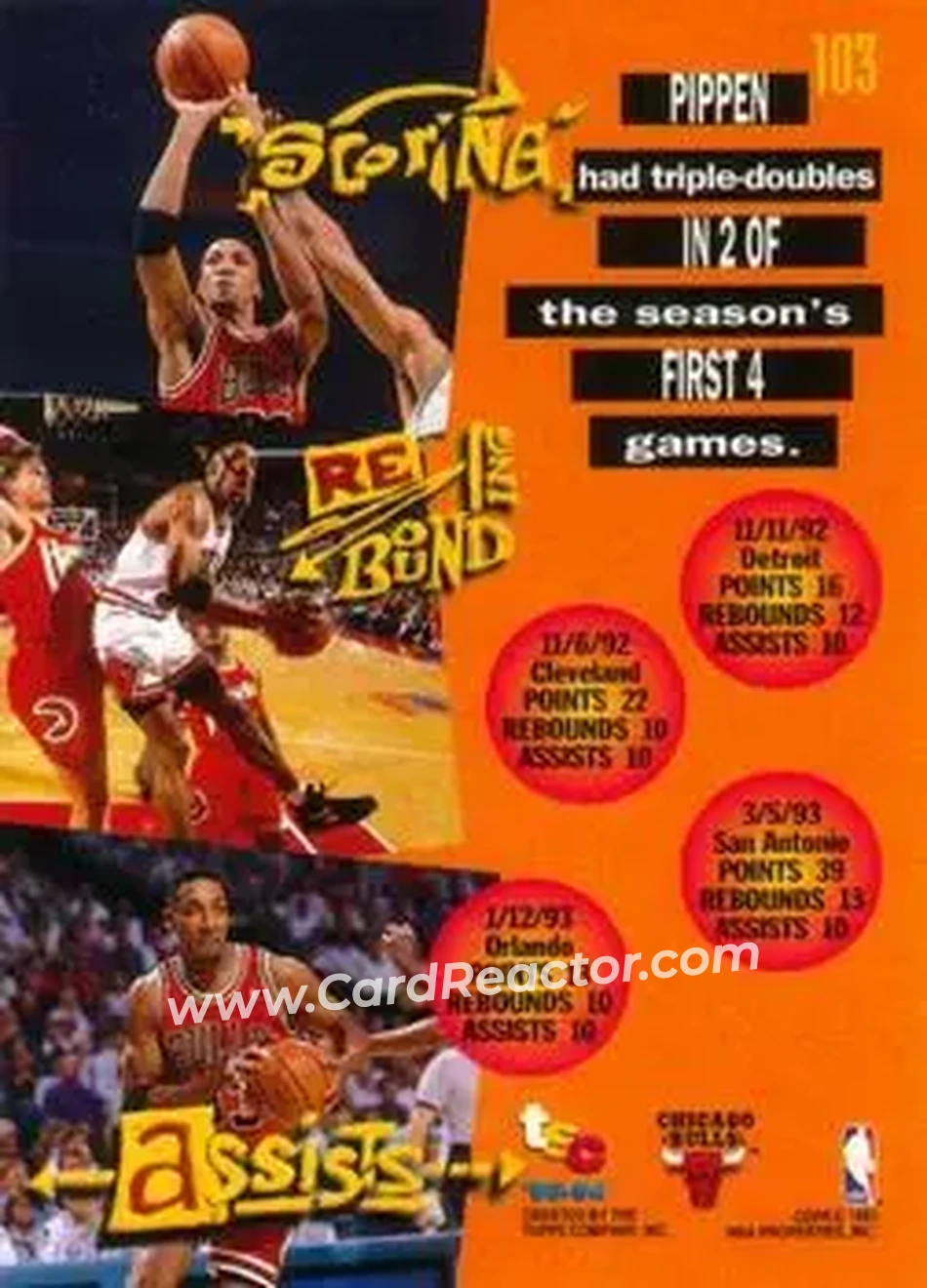 1993-94 Stadium Club #103 - Scottie Pippen - Chicago Bulls - Back