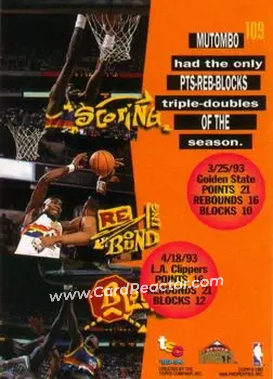 1993-94 Stadium Club #109 - Dikembe Mutombo - Denver Nuggets - Back