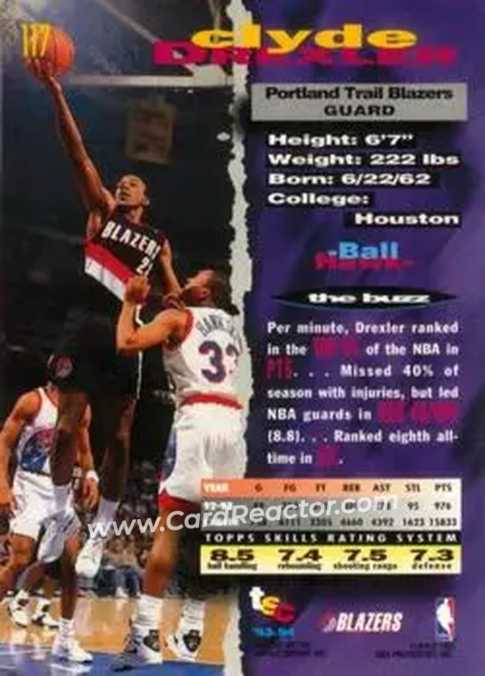 1993-94 Stadium Club #117 - Clyde Drexler - Portland Trail Blazers - Back