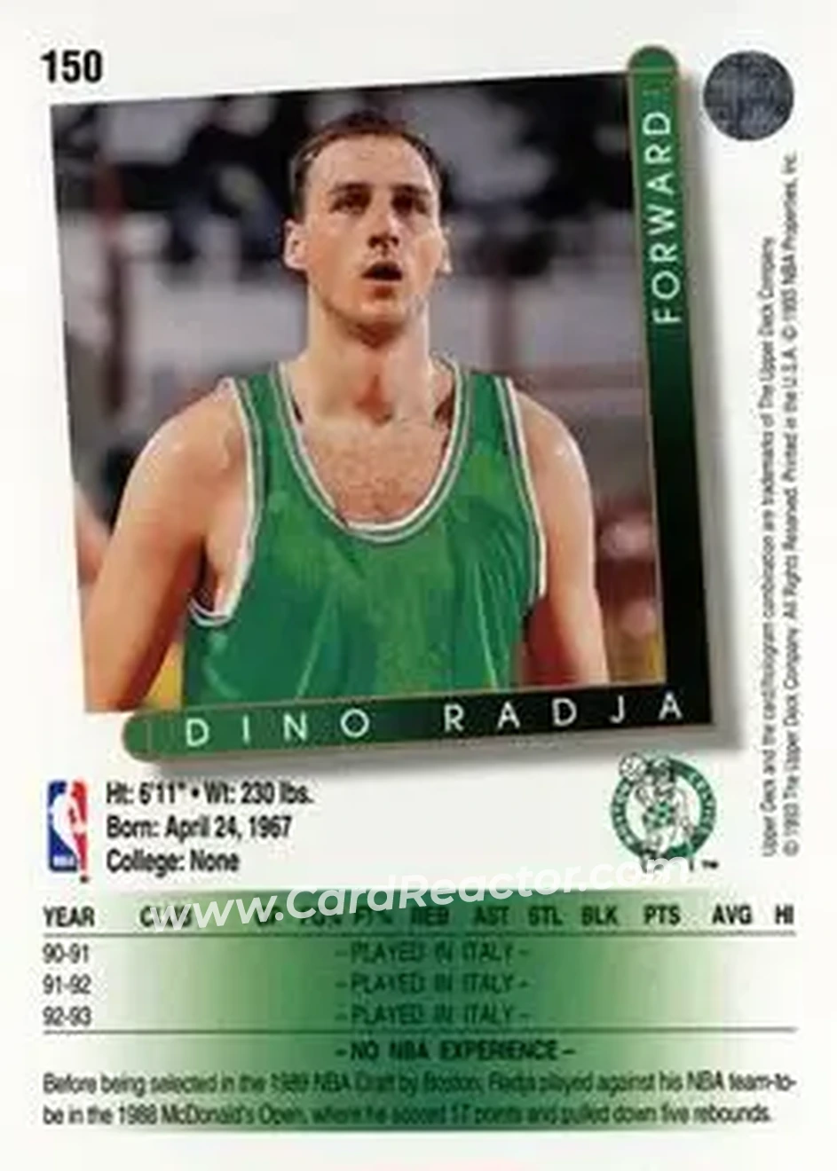 1993-94 Upper Deck #150 - Dino Radja - Boston Celtics - Back