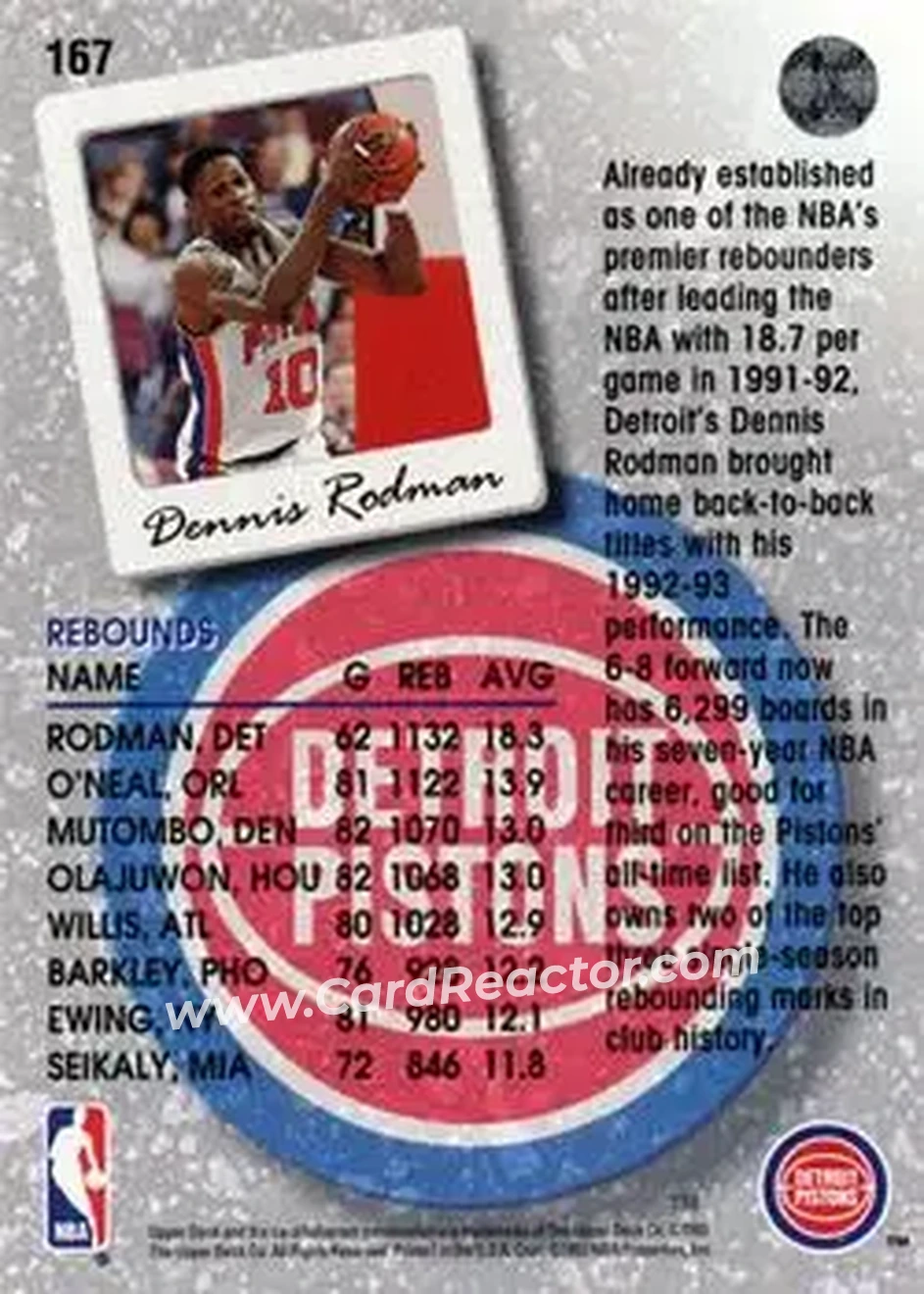 1993-94 Upper Deck #167 - Dennis Rodman - Detroit Pistons - Back