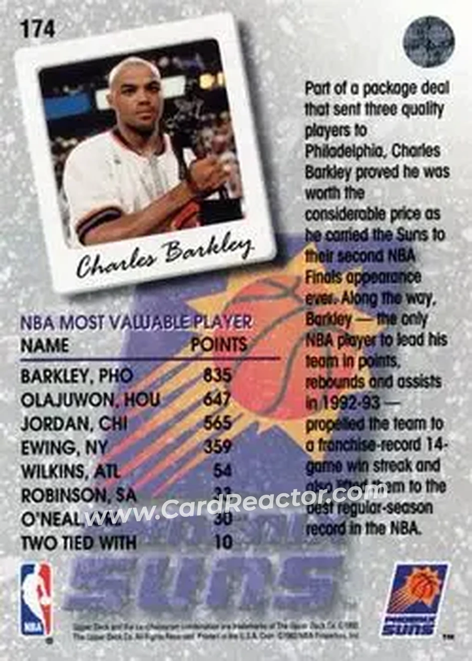 1993-94 Upper Deck #174 - Charles Barkley - Phoenix Suns - Back