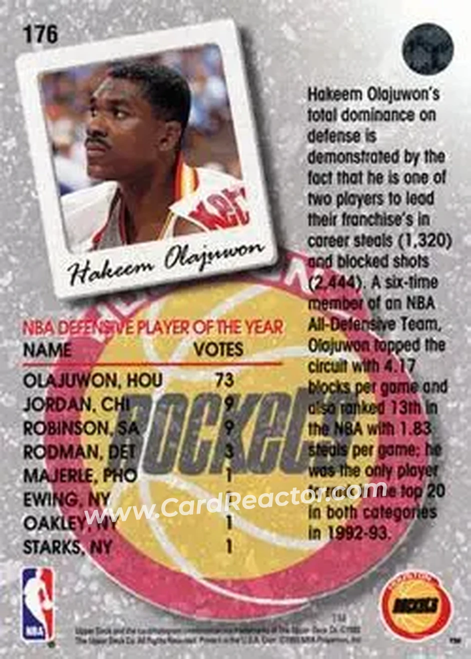 1993-94 Upper Deck #176 - Hakeem Olajuwon - Houston Rockets - Back
