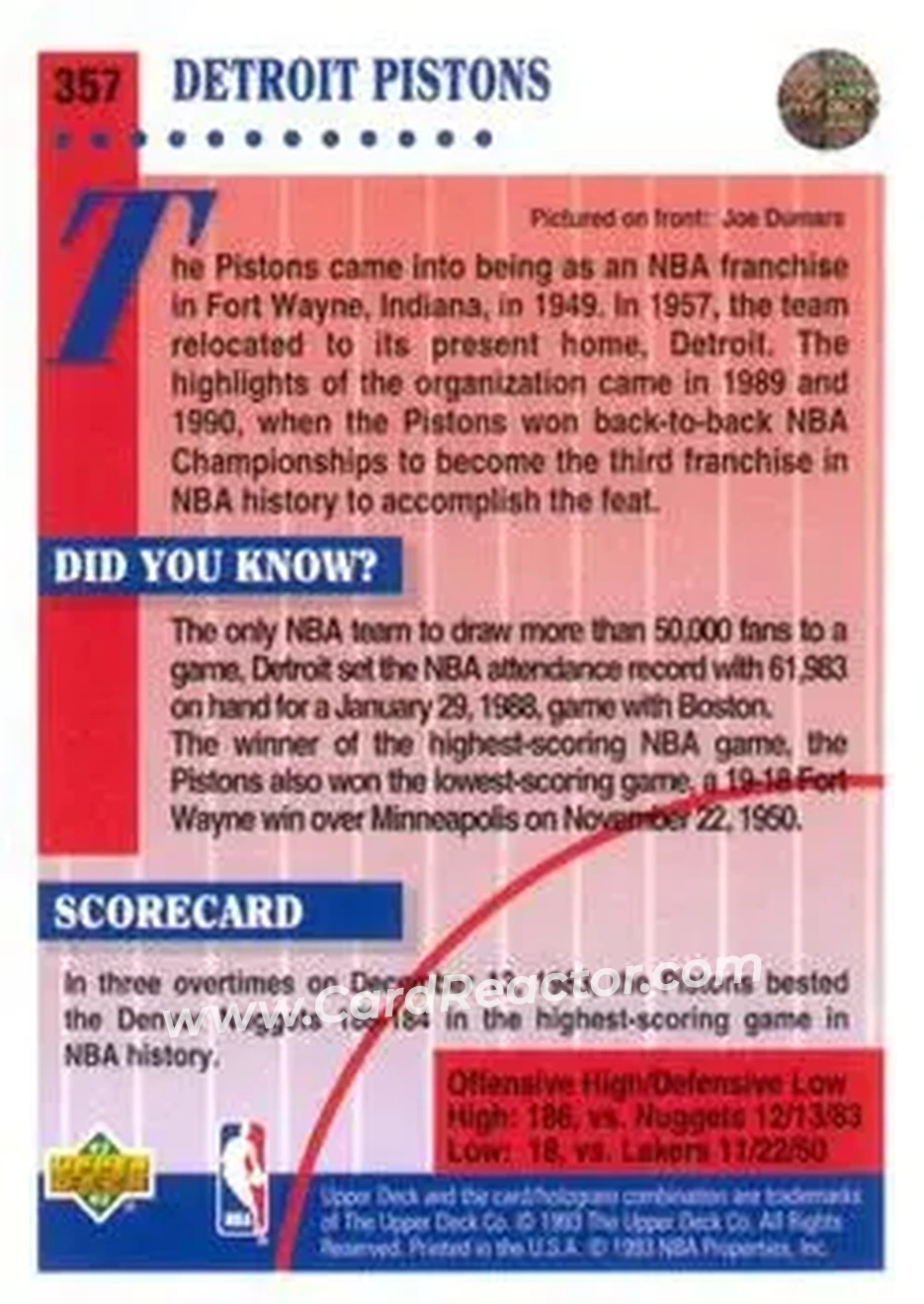1992-93 Upper Deck #357 - Card #357 - Detroit Pistons - Back