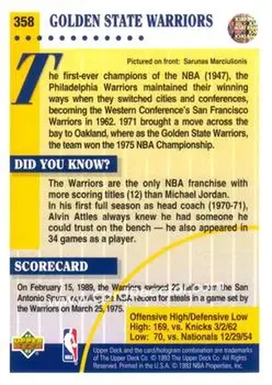 1992-93 Upper Deck #358 - Card #358 - Golden State Warriors - Back
