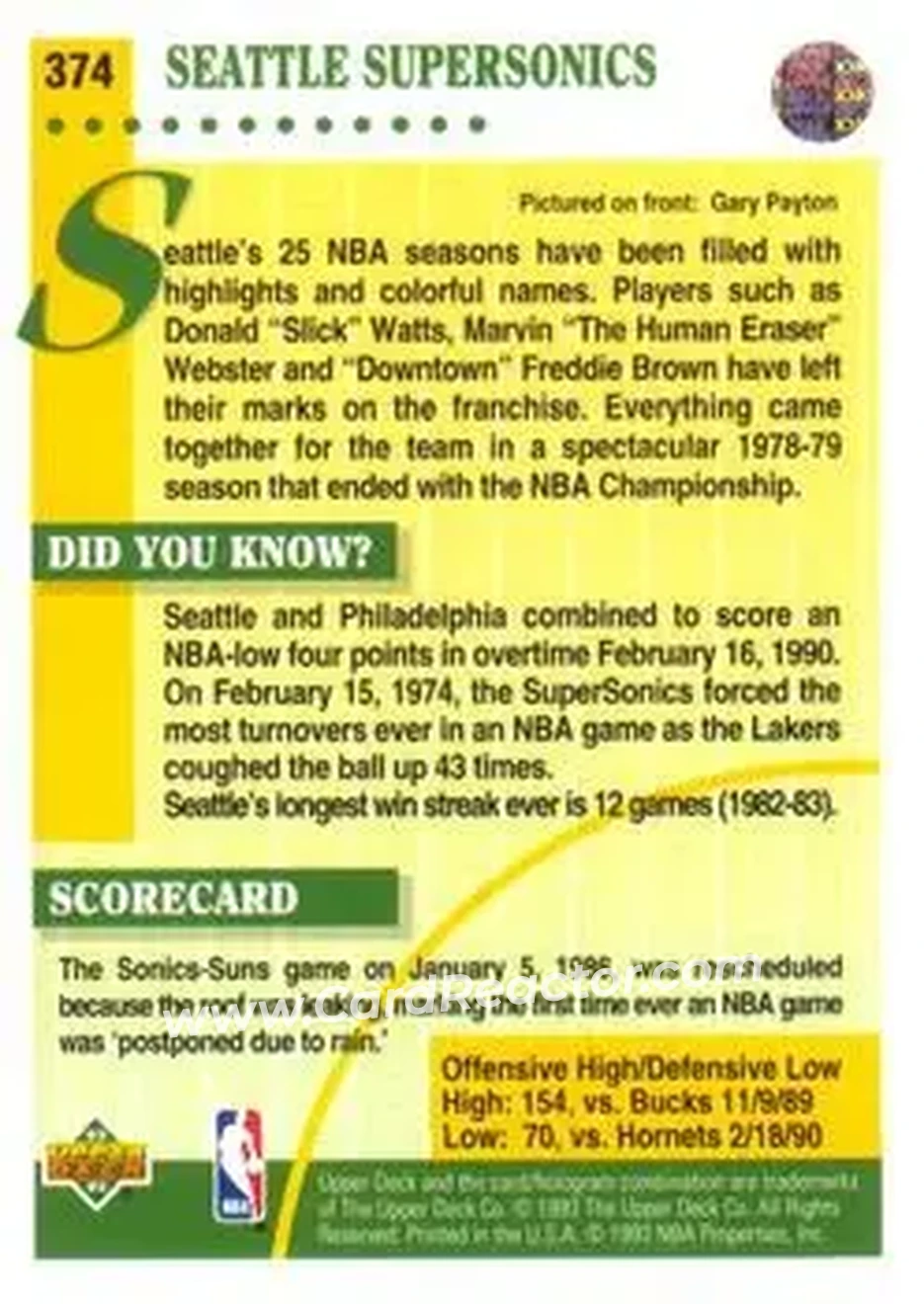 1992-93 Upper Deck #374 - Card #374 - Seattle SuperSonics - Back
